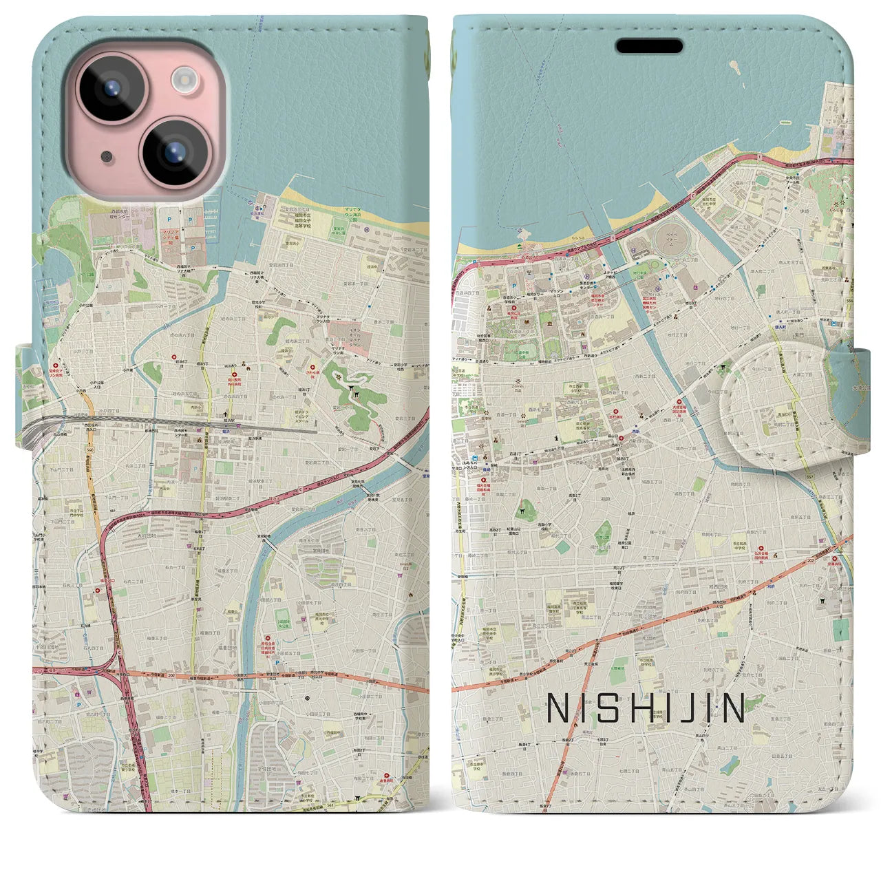 【西新(福岡県)】地図柄iPhoneケース(手帳タイプ)ナチュラル・iPhone 15 Plus 用