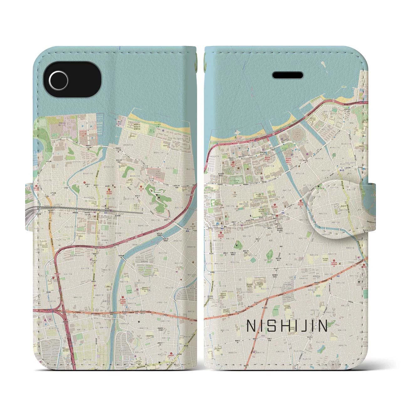 【西新(福岡県)】地図柄iPhoneケース(手帳タイプ)ナチュラル・iPhone SE(第3 / 第2世代) / 8 / 7 / 6s / 6 用