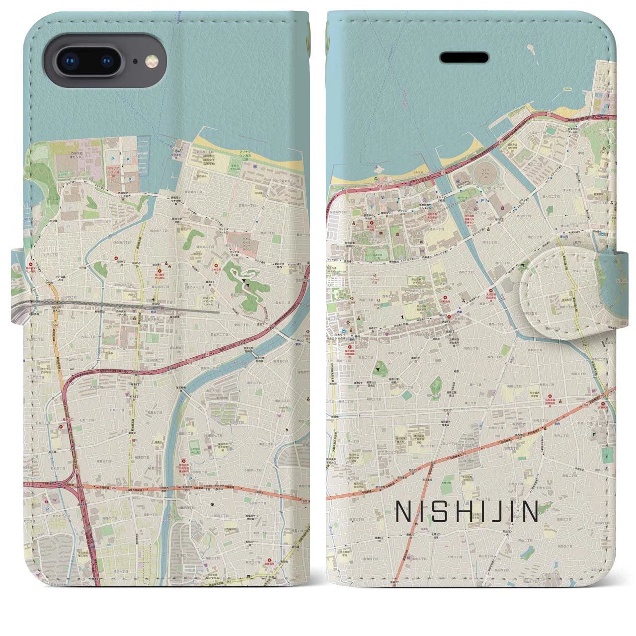 【西新(福岡県)】地図柄iPhoneケース(手帳タイプ)ナチュラル・iPhone 8Plus /7Plus / 6sPlus / 6Plus 用