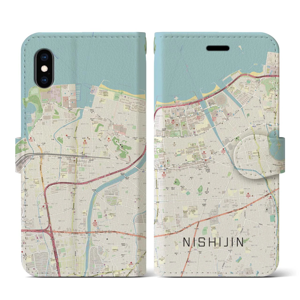 【西新(福岡県)】地図柄iPhoneケース(手帳タイプ)ナチュラル・iPhone XS / X 用