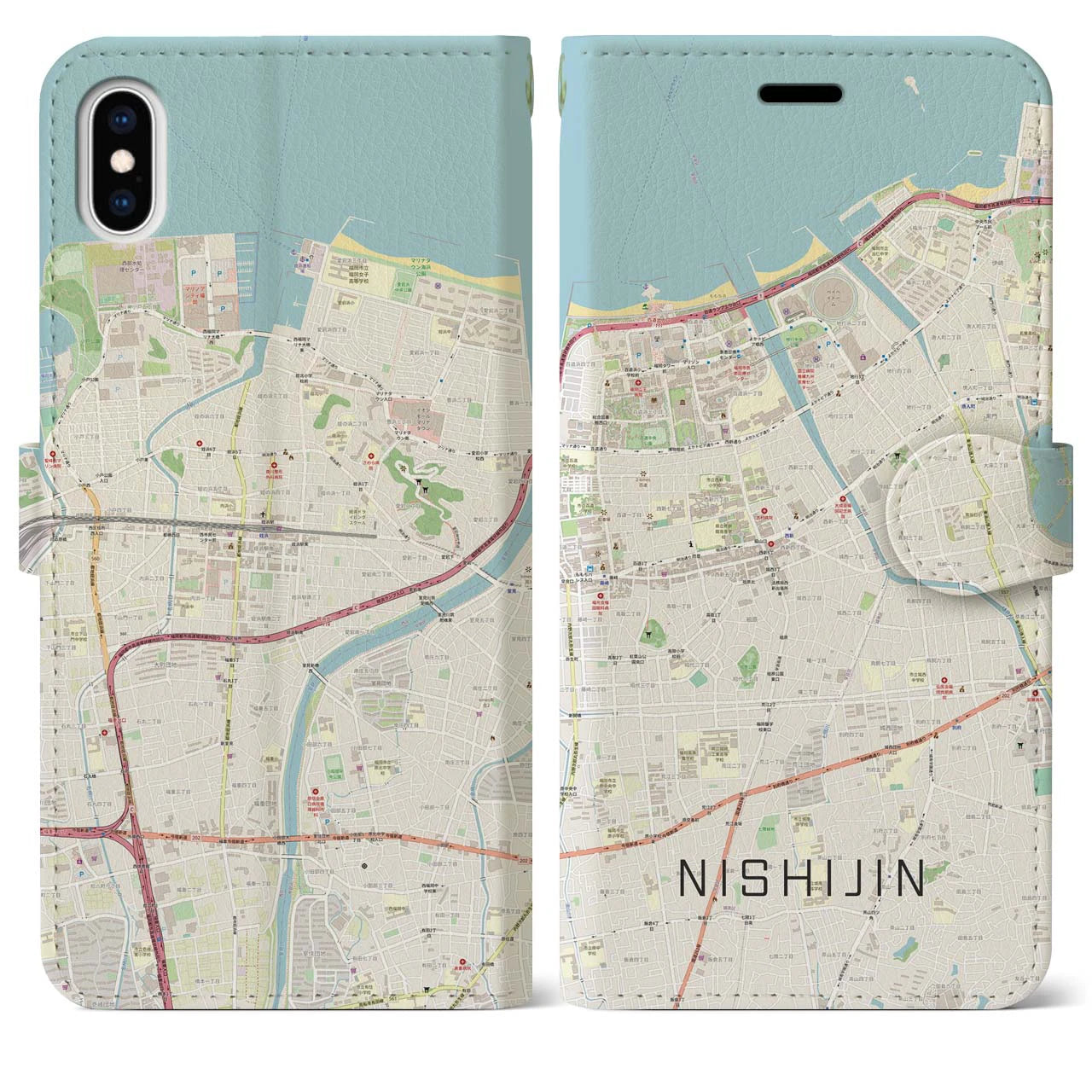 【西新(福岡県)】地図柄iPhoneケース(手帳タイプ)ナチュラル・iPhone XS Max 用