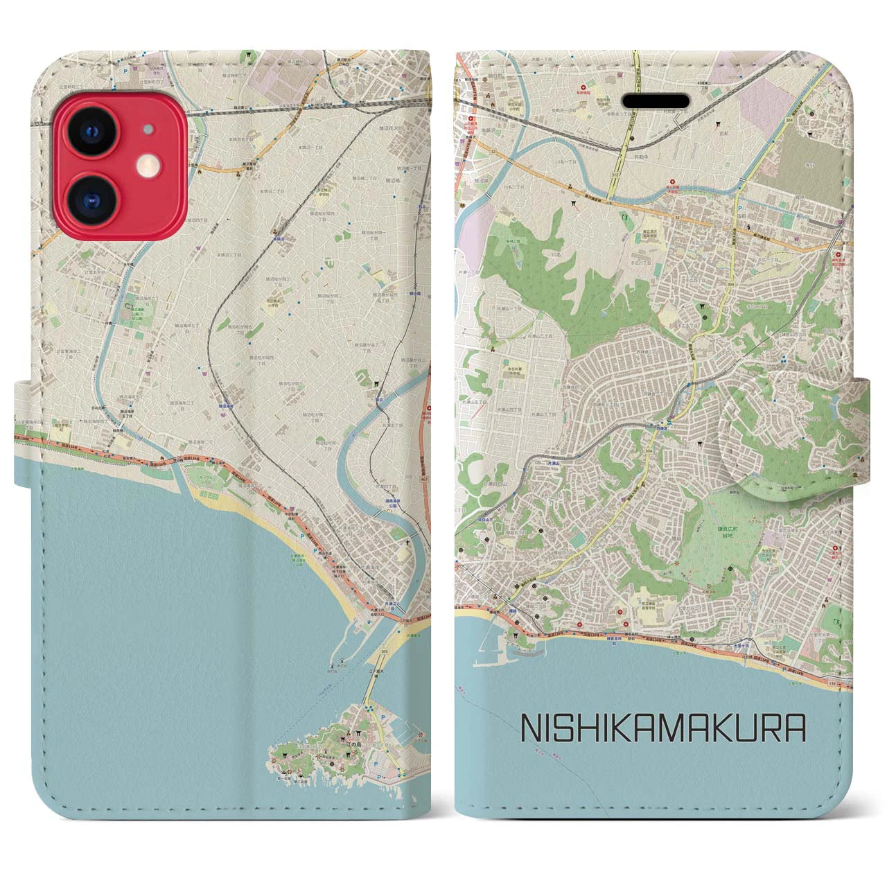 【西鎌倉(神奈川県)】地図柄iPhoneケース(手帳タイプ)ナチュラル・iPhone 11 用