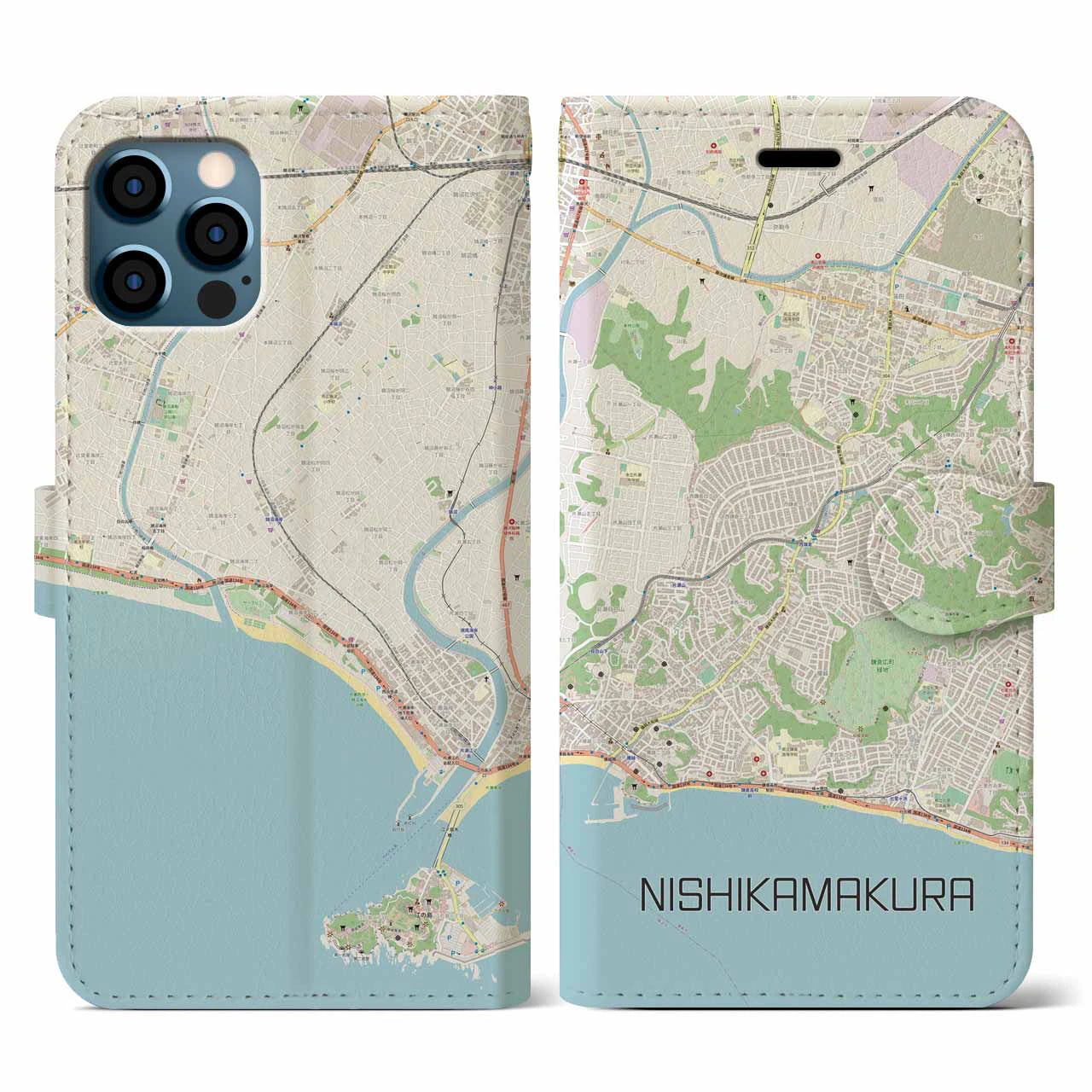 【西鎌倉(神奈川県)】地図柄iPhoneケース(手帳タイプ)ナチュラル・iPhone 12 / 12 Pro 用