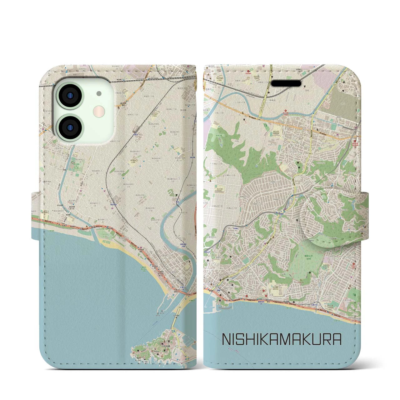 【西鎌倉(神奈川県)】地図柄iPhoneケース(手帳タイプ)ナチュラル・iPhone 12 mini 用
