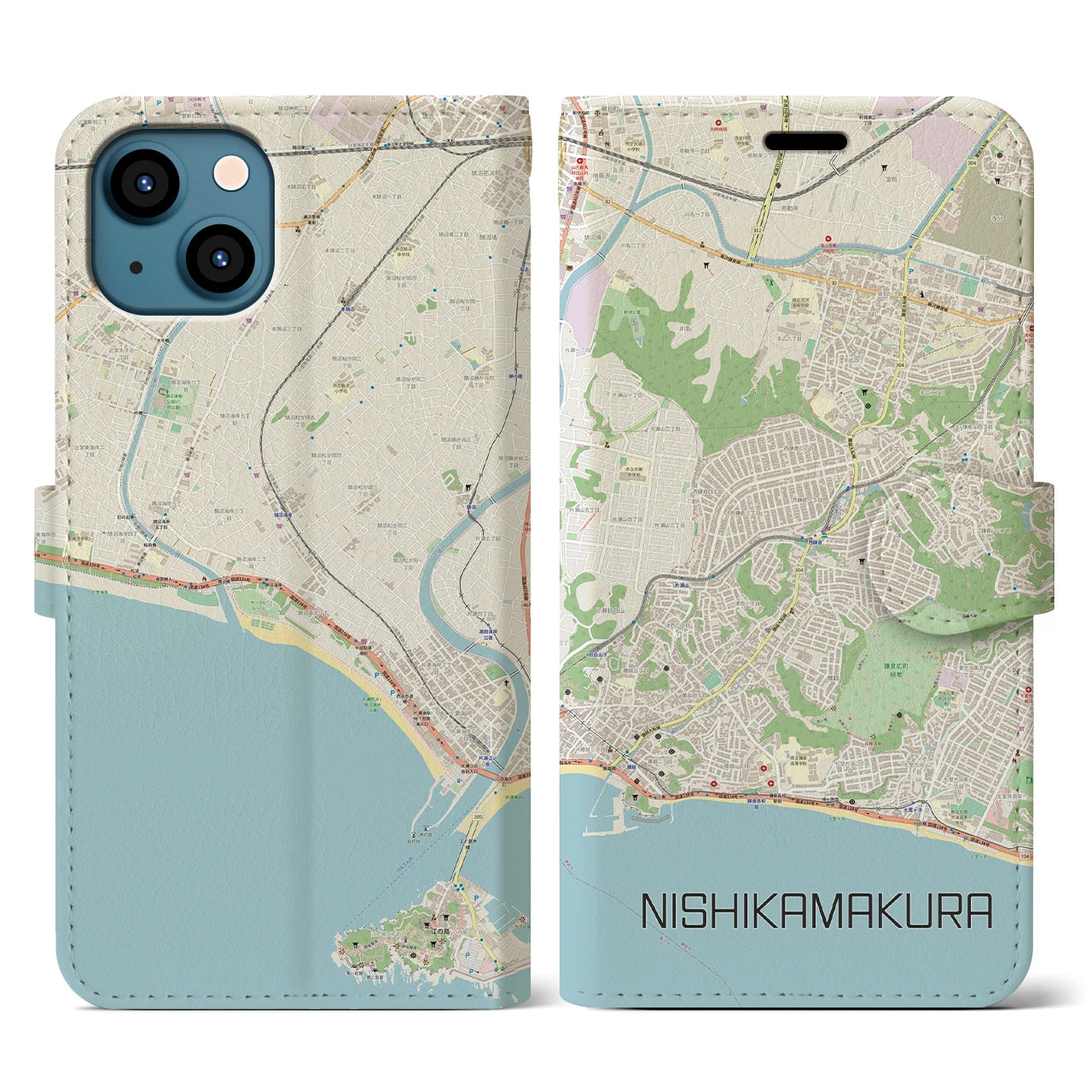 【西鎌倉(神奈川県)】地図柄iPhoneケース(手帳タイプ)ナチュラル・iPhone 13 用