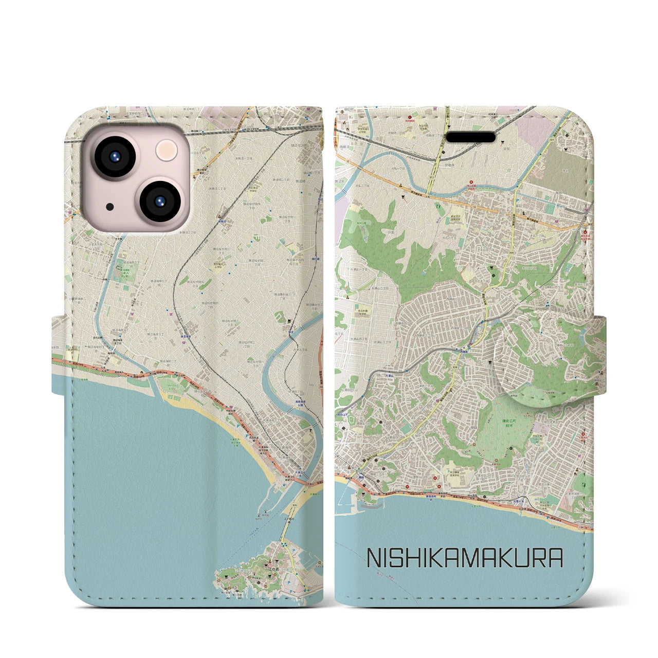【西鎌倉(神奈川県)】地図柄iPhoneケース(手帳タイプ)ナチュラル・iPhone 13 mini 用
