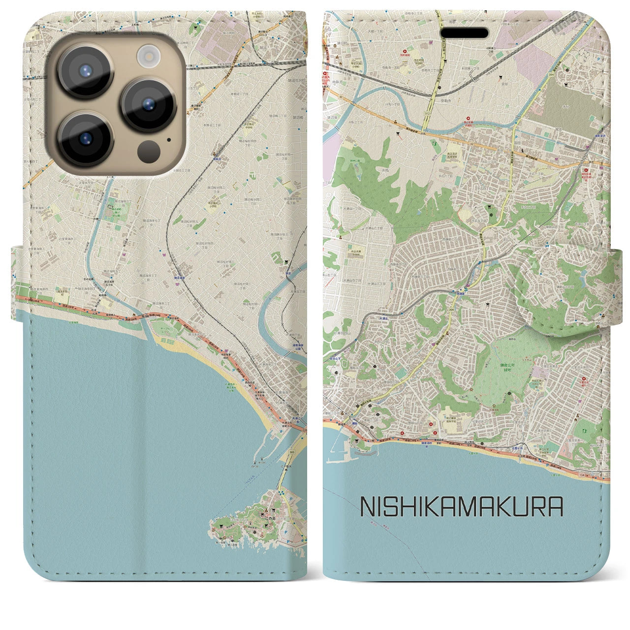 【西鎌倉(神奈川県)】地図柄iPhoneケース(手帳タイプ)ナチュラル・iPhone 14 Pro Max 用
