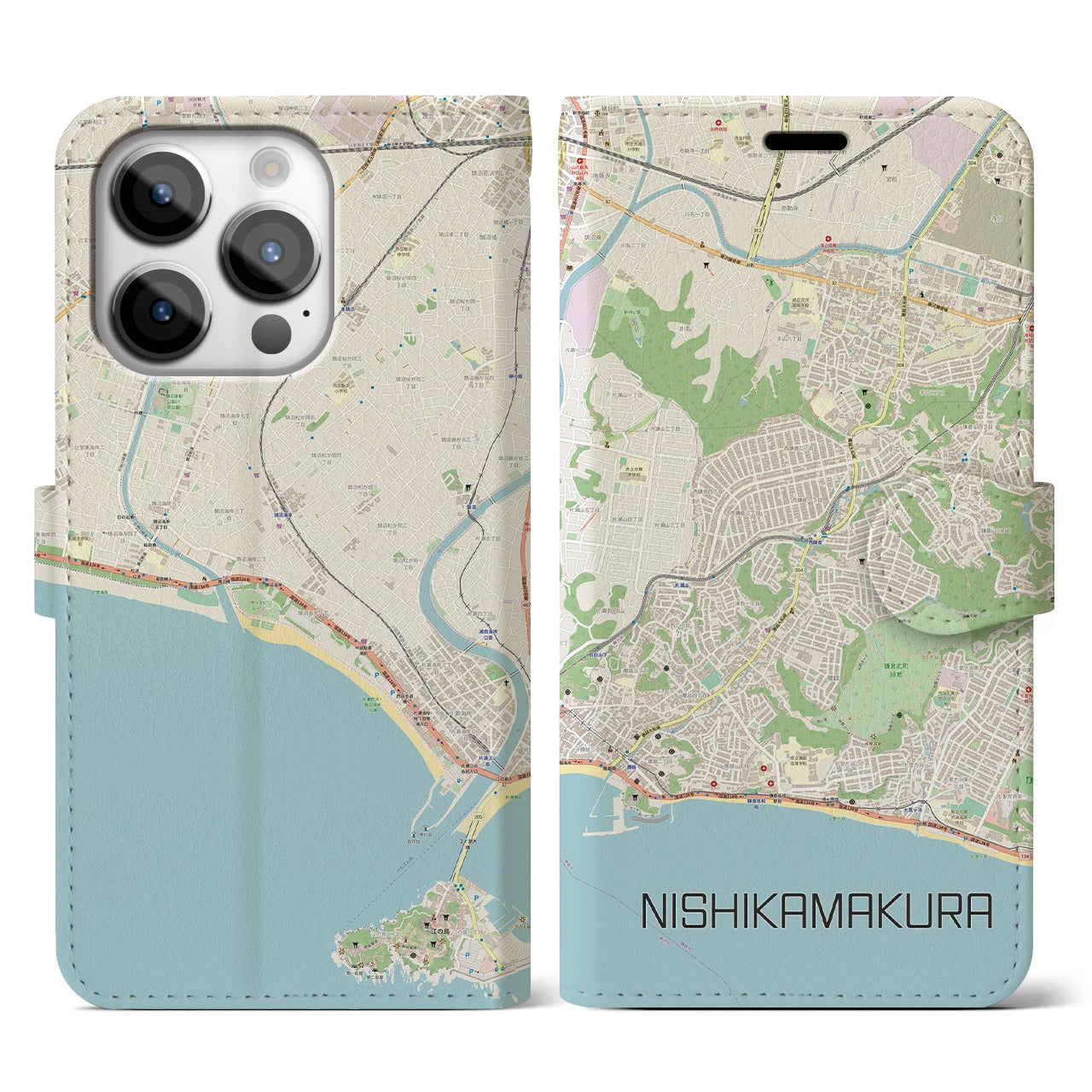 【西鎌倉(神奈川県)】地図柄iPhoneケース(手帳タイプ)ナチュラル・iPhone 14 Pro 用