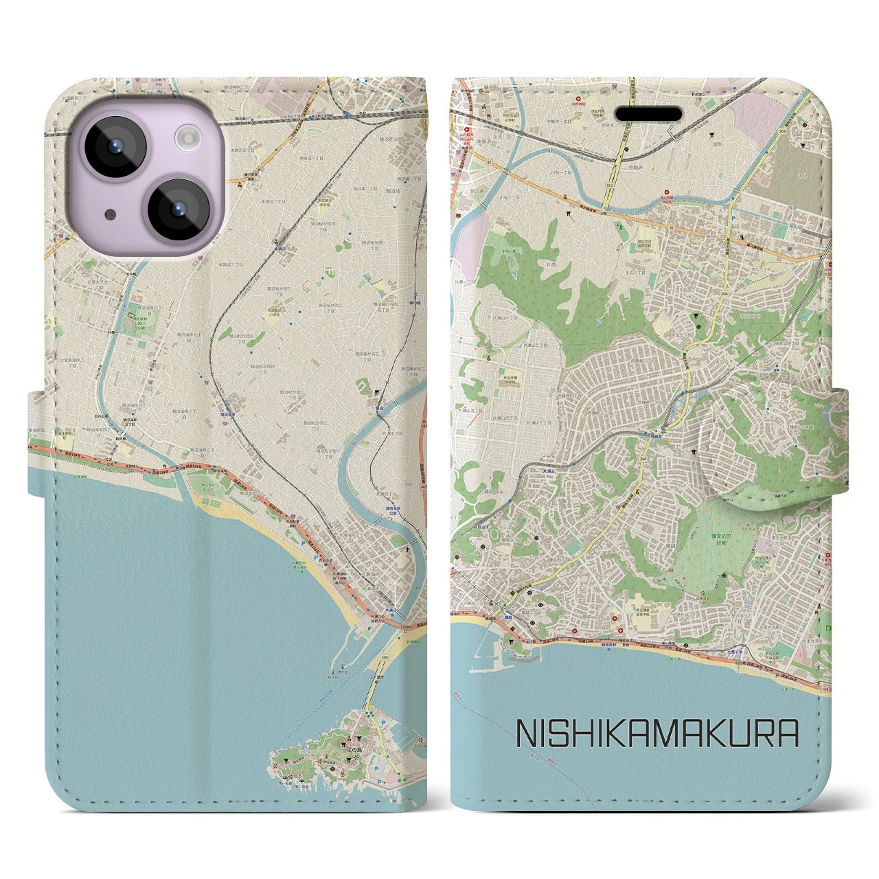 【西鎌倉(神奈川県)】地図柄iPhoneケース(手帳タイプ)ナチュラル・iPhone 14 用