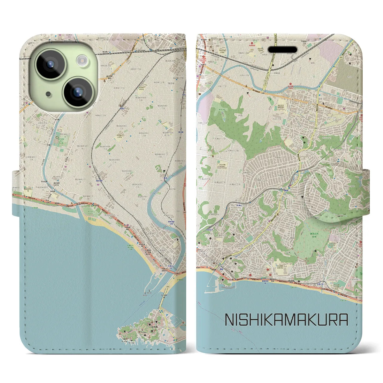 【西鎌倉(神奈川県)】地図柄iPhoneケース(手帳タイプ)ナチュラル・iPhone 15 用