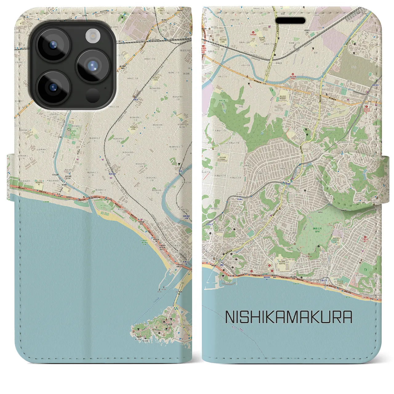 【西鎌倉(神奈川県)】地図柄iPhoneケース(手帳タイプ)ナチュラル・iPhone 15 Pro Max 用