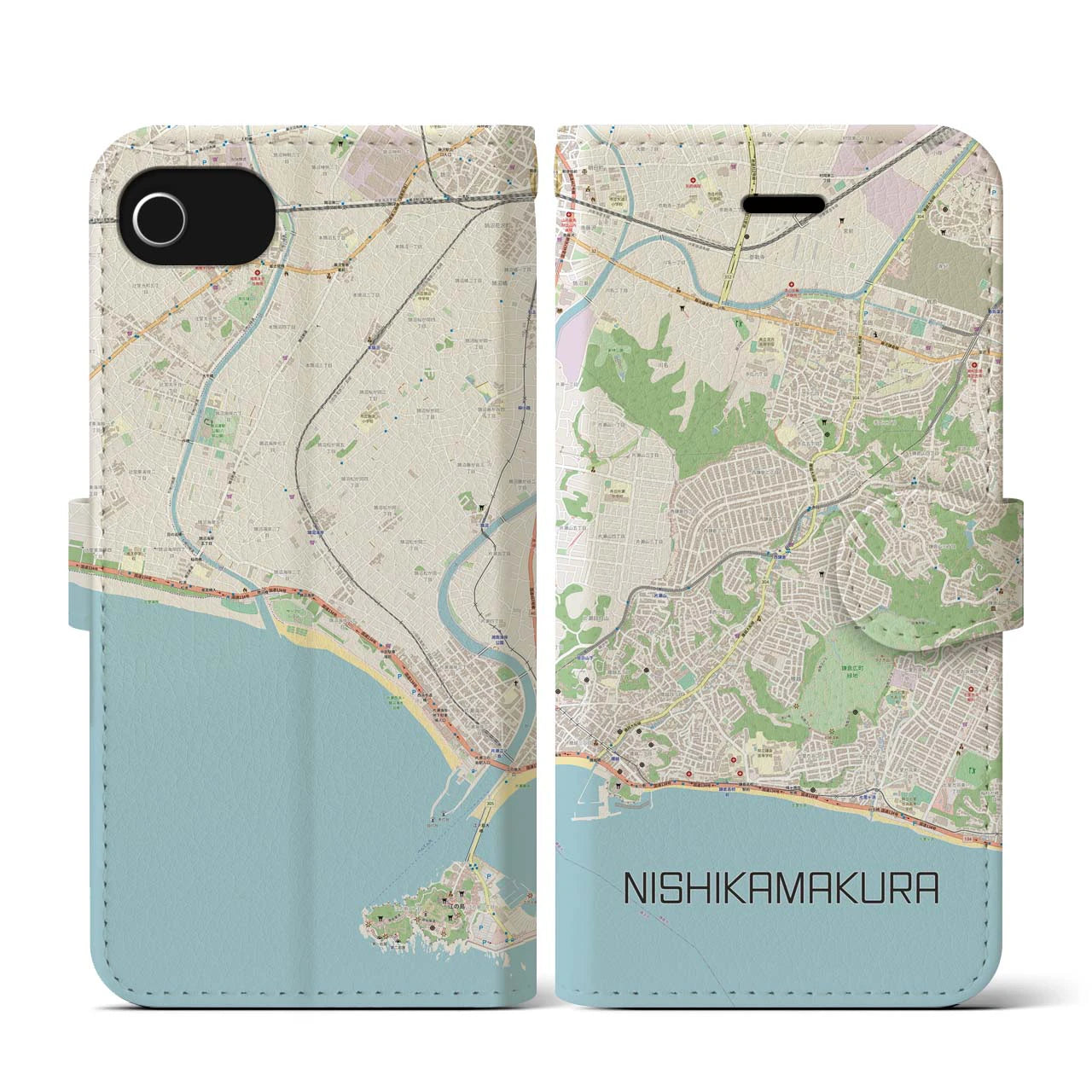 【西鎌倉(神奈川県)】地図柄iPhoneケース(手帳タイプ)ナチュラル・iPhone SE(第3 / 第2世代) / 8 / 7 / 6s / 6 用