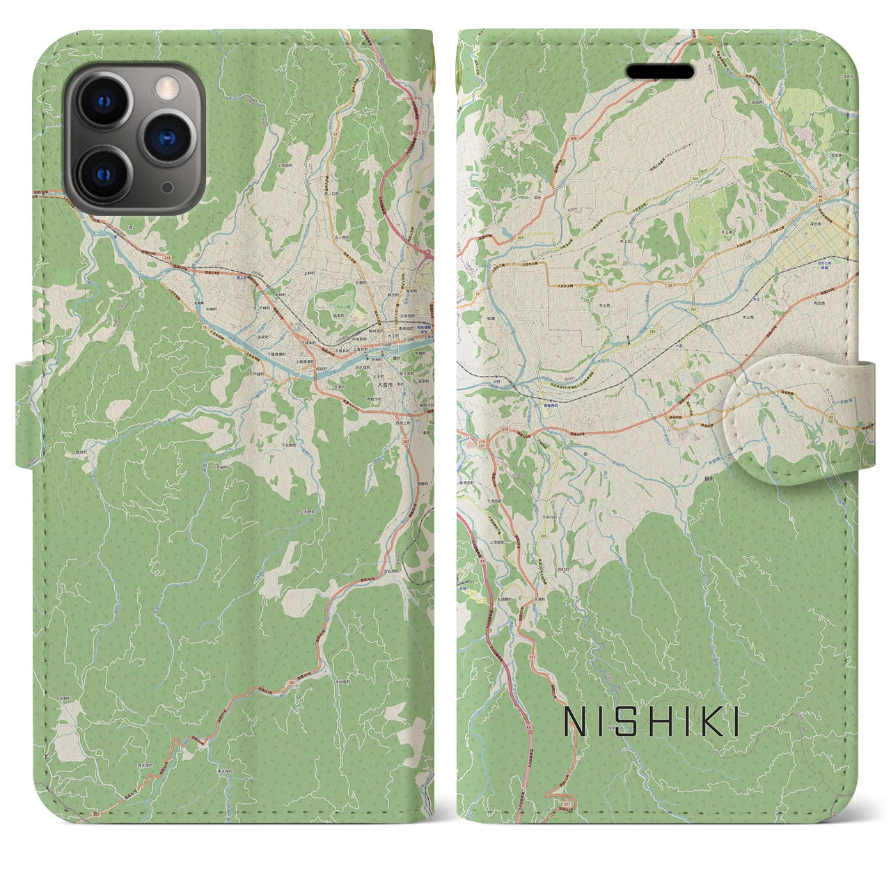【錦(熊本県)】地図柄iPhoneケース(手帳タイプ)ナチュラル・iPhone 11 Pro Max 用