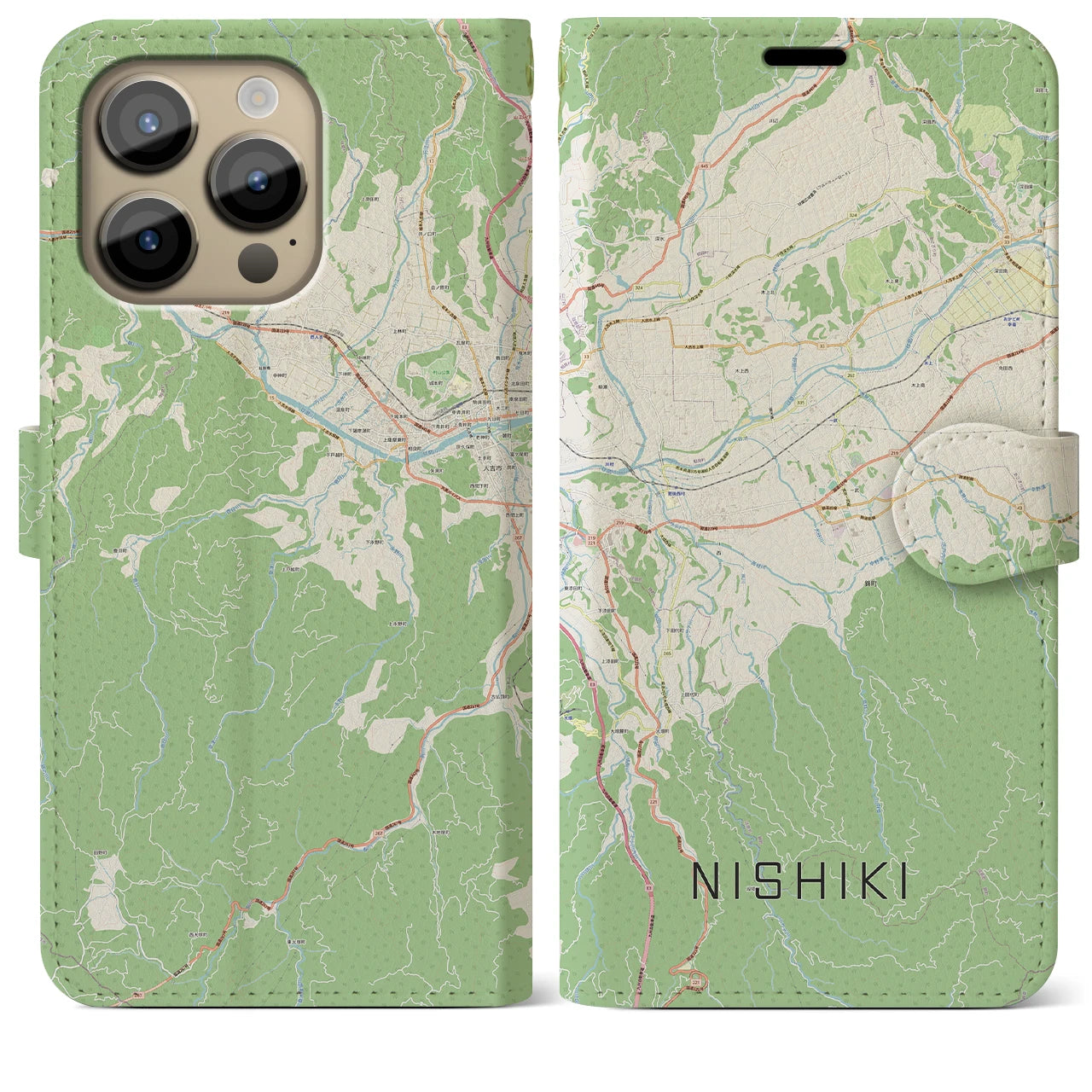 【錦(熊本県)】地図柄iPhoneケース(手帳タイプ)ナチュラル・iPhone 14 Pro Max 用