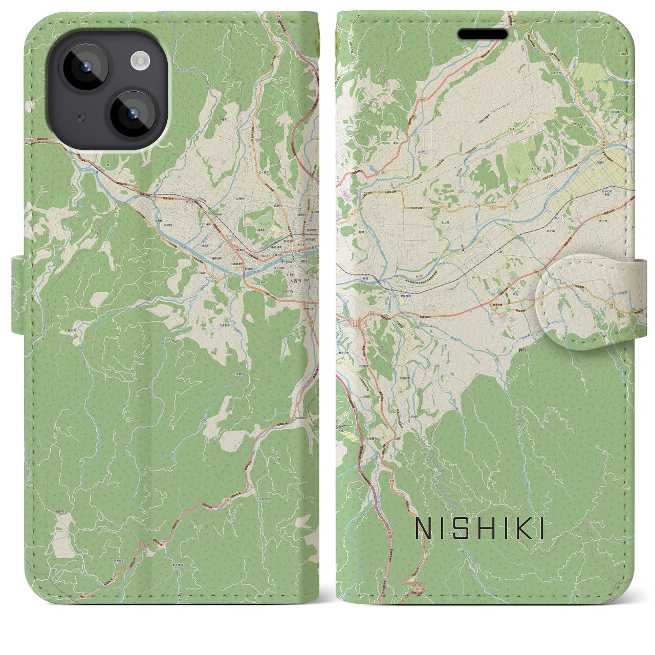【錦(熊本県)】地図柄iPhoneケース(手帳タイプ)ナチュラル・iPhone 14 Plus 用