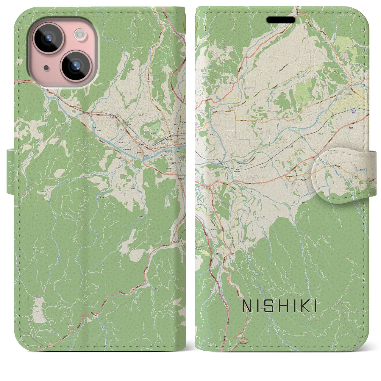 【錦(熊本県)】地図柄iPhoneケース(手帳タイプ)ナチュラル・iPhone 15 Plus 用