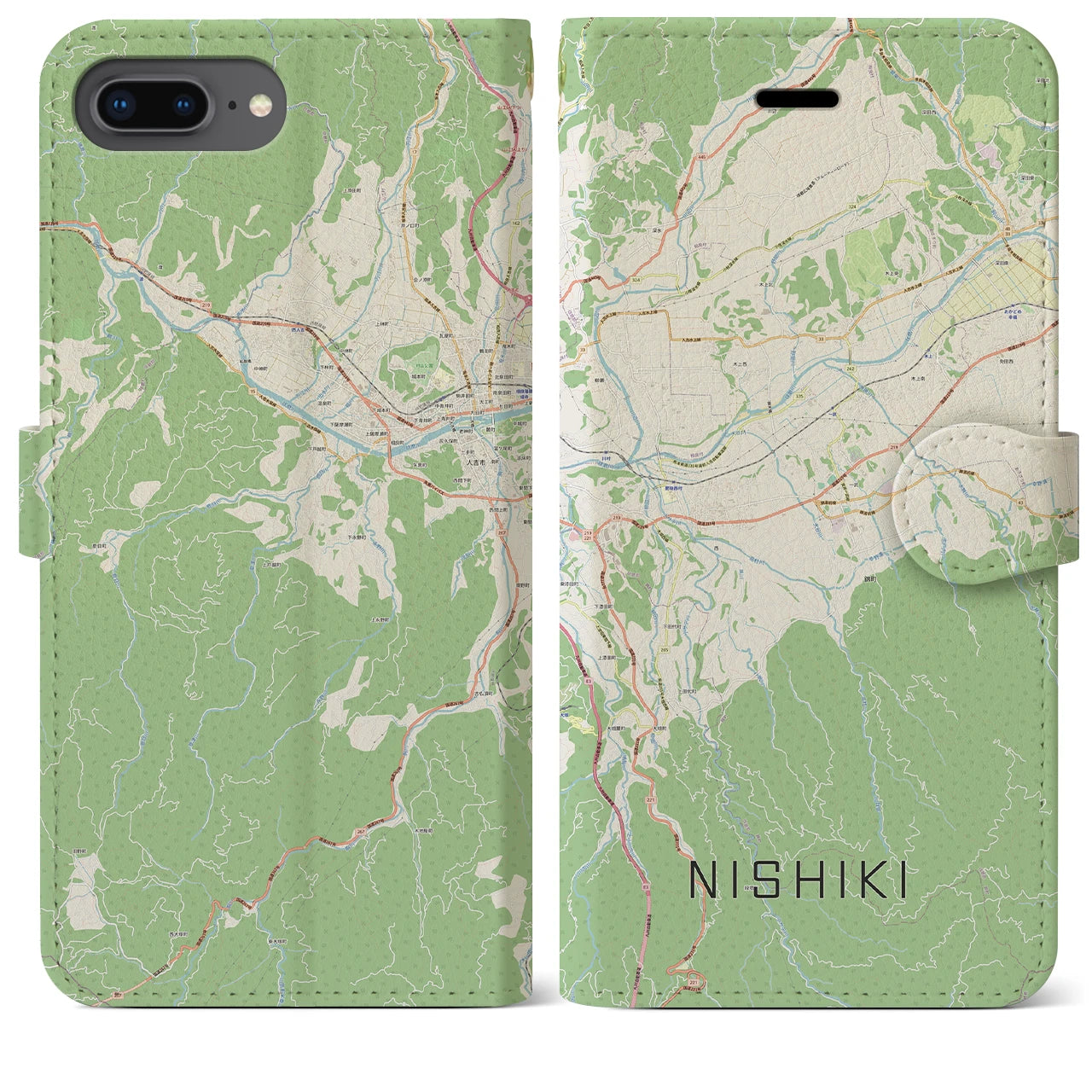 【錦(熊本県)】地図柄iPhoneケース(手帳タイプ)ナチュラル・iPhone 8Plus /7Plus / 6sPlus / 6Plus 用