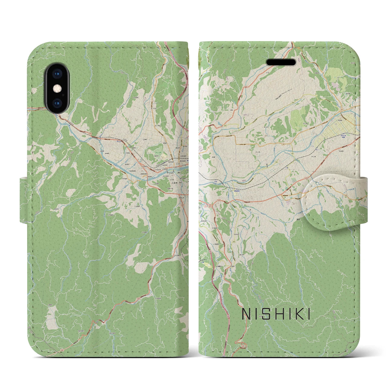 【錦(熊本県)】地図柄iPhoneケース(手帳タイプ)ナチュラル・iPhone XS / X 用