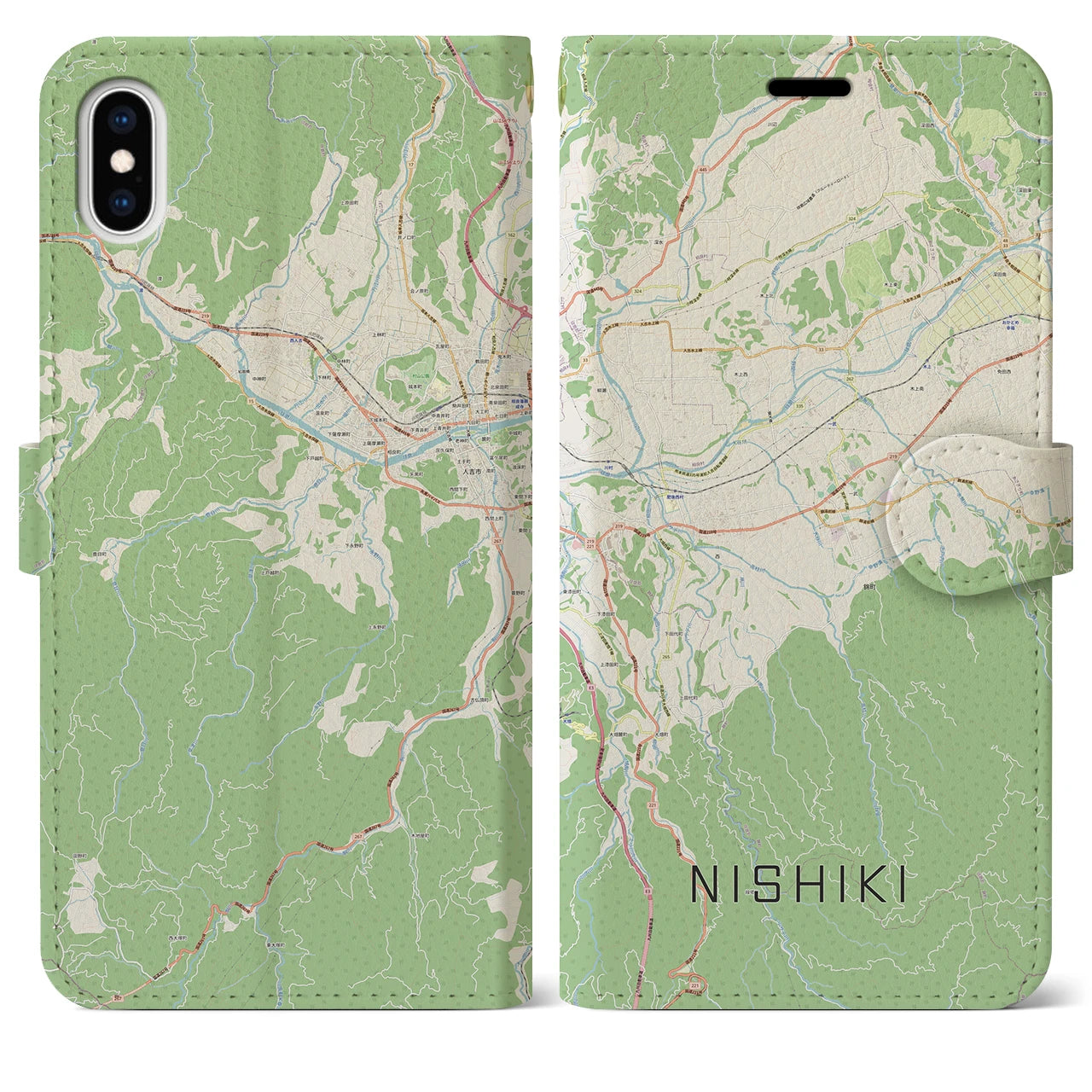 【錦(熊本県)】地図柄iPhoneケース(手帳タイプ)ナチュラル・iPhone XS Max 用