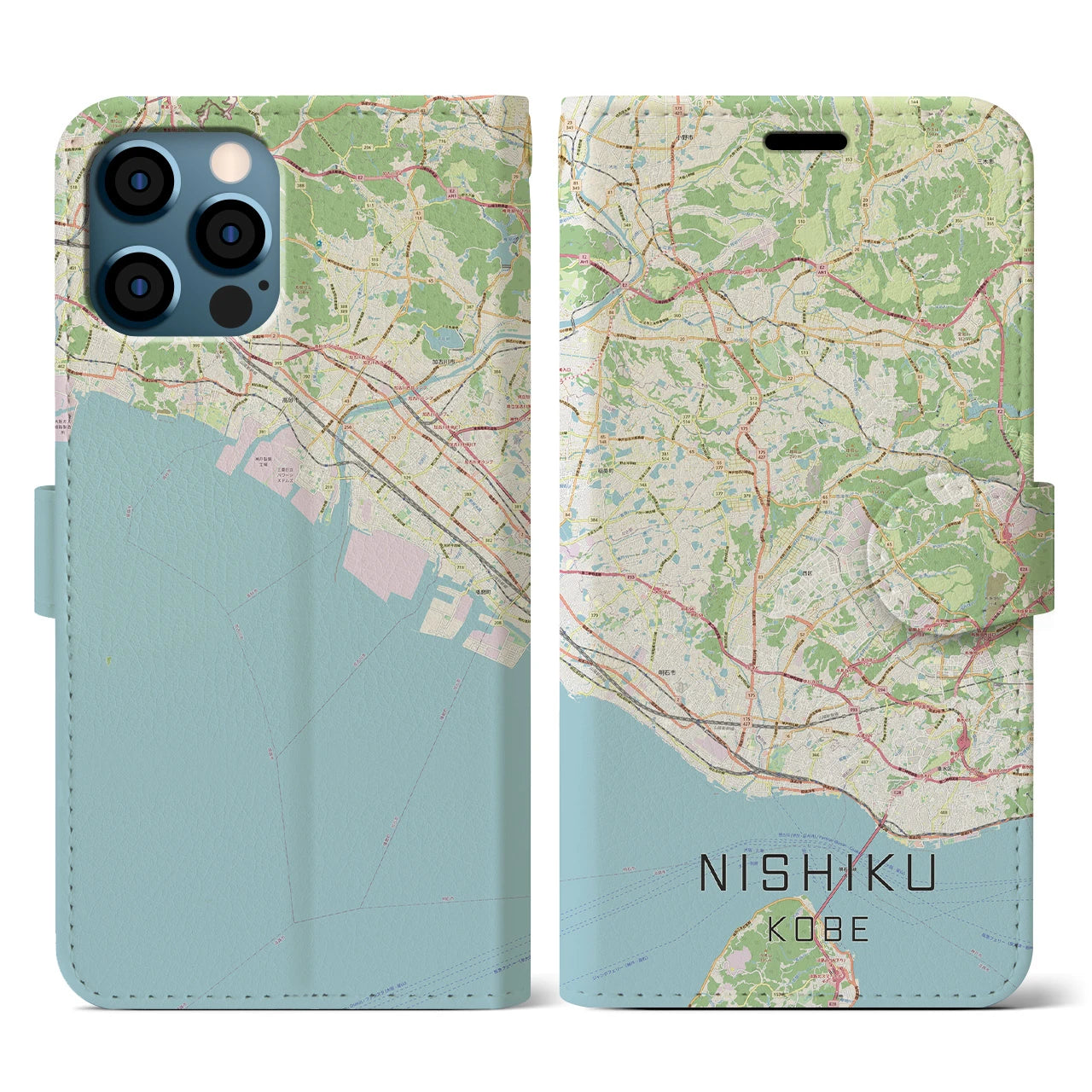 【西区(神戸市)】地図柄iPhoneケース(手帳タイプ)ナチュラル・iPhone 12 / 12 Pro 用