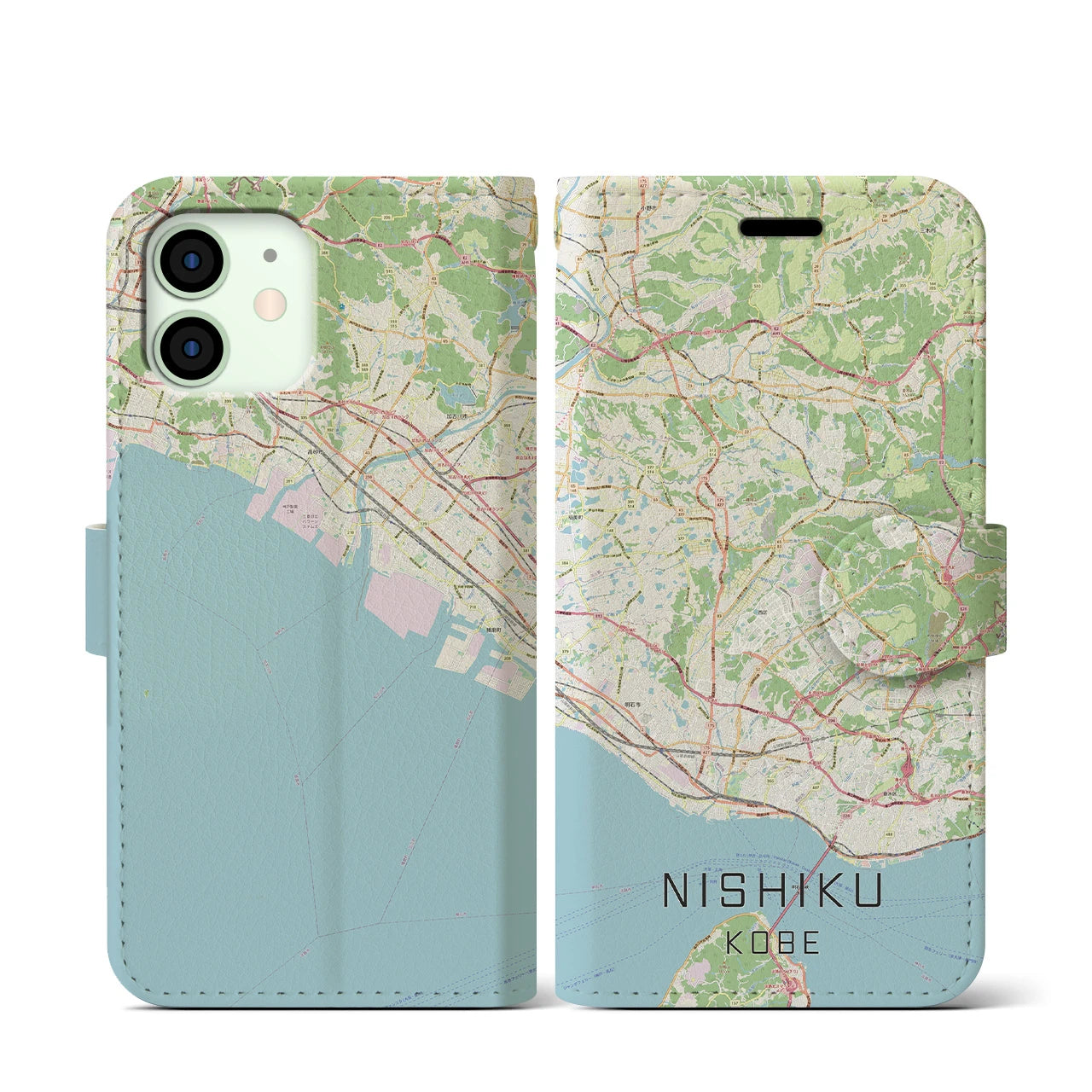 【西区(神戸市)】地図柄iPhoneケース(手帳タイプ)ナチュラル・iPhone 12 mini 用