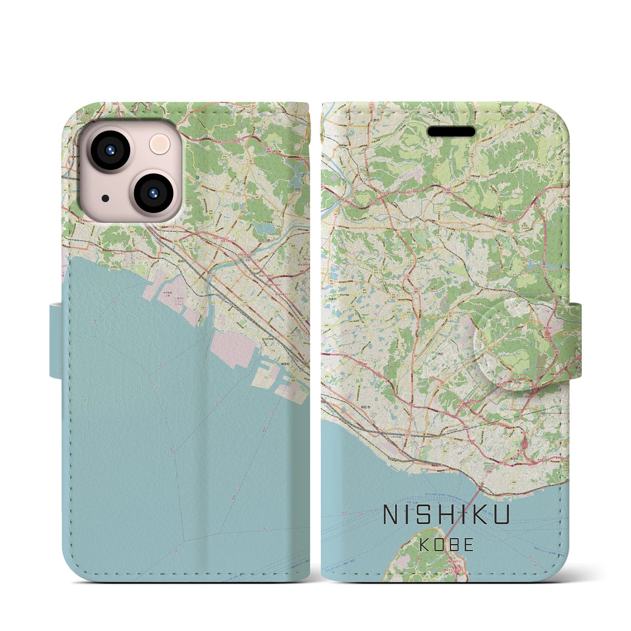 【西区(神戸市)】地図柄iPhoneケース(手帳タイプ)ナチュラル・iPhone 13 mini 用
