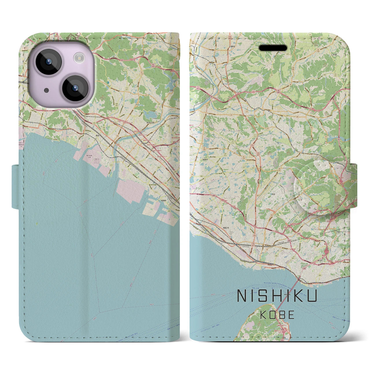 【西区(神戸市)】地図柄iPhoneケース(手帳タイプ)ナチュラル・iPhone 14 用