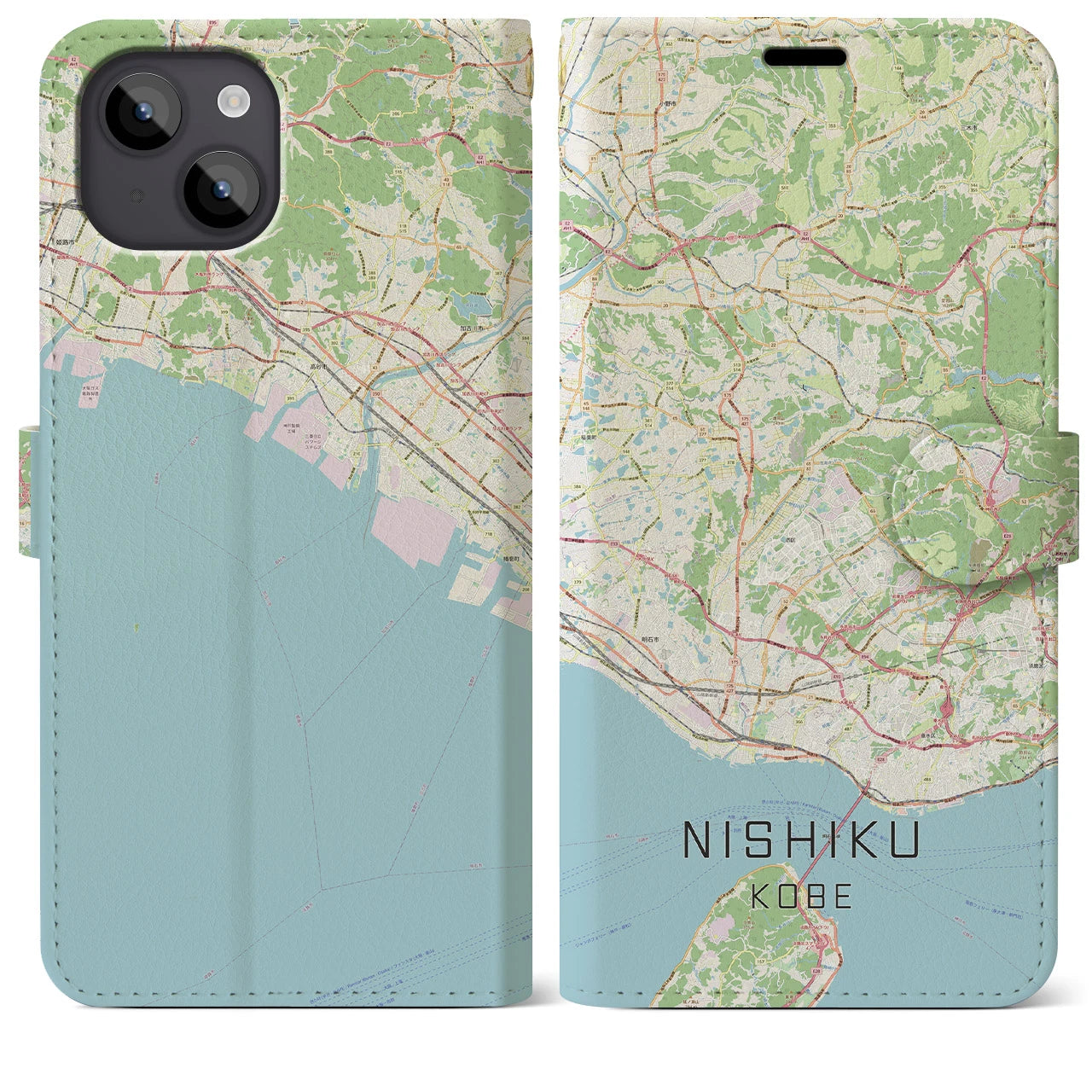 【西区(神戸市)】地図柄iPhoneケース(手帳タイプ)ナチュラル・iPhone 14 Plus 用