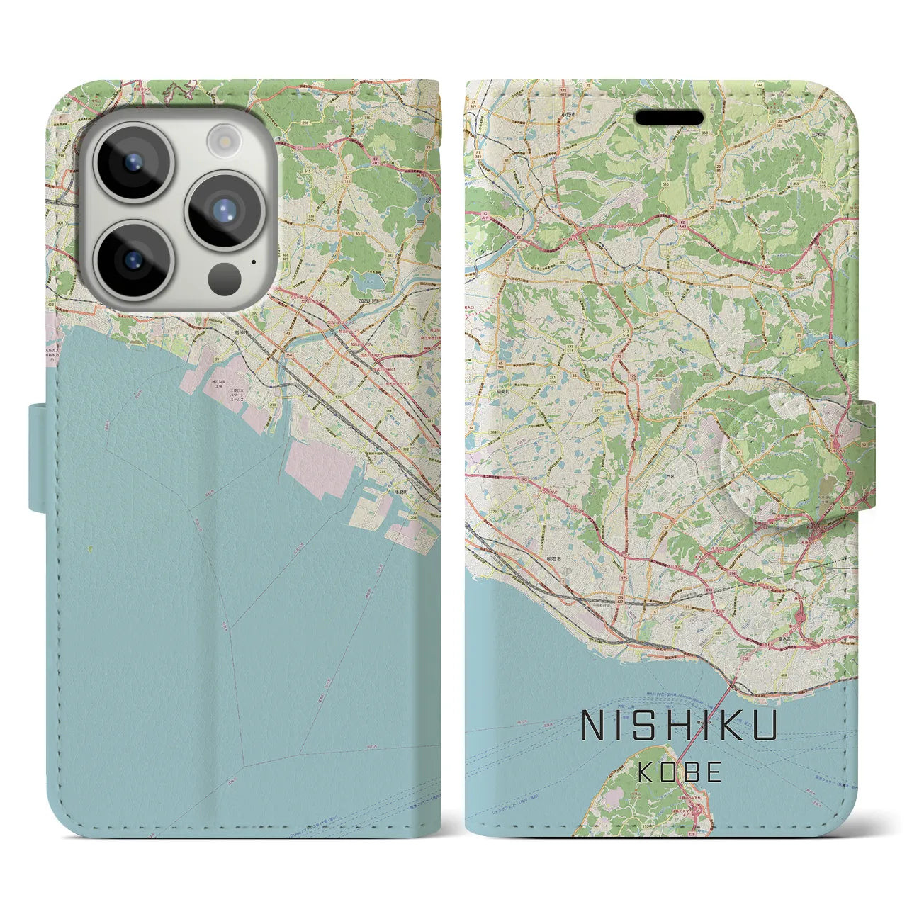 【西区(神戸市)】地図柄iPhoneケース(手帳タイプ)ナチュラル・iPhone 15 Pro 用