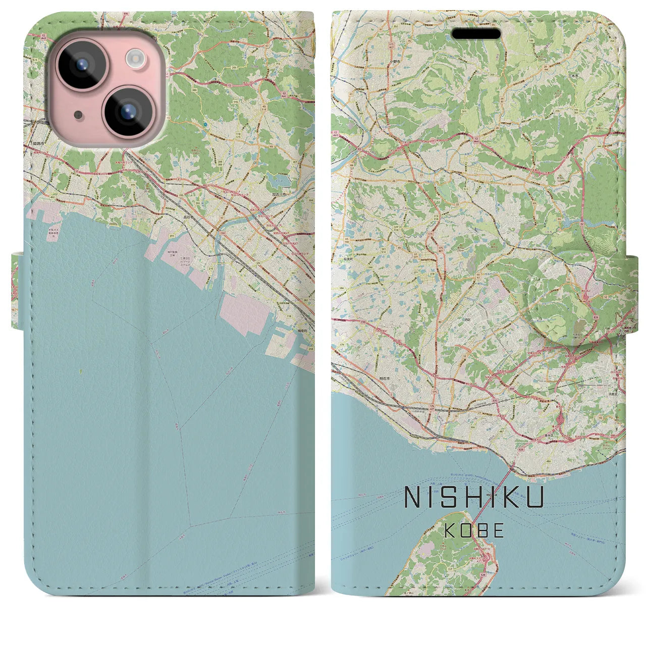 【西区(神戸市)】地図柄iPhoneケース(手帳タイプ)ナチュラル・iPhone 15 Plus 用