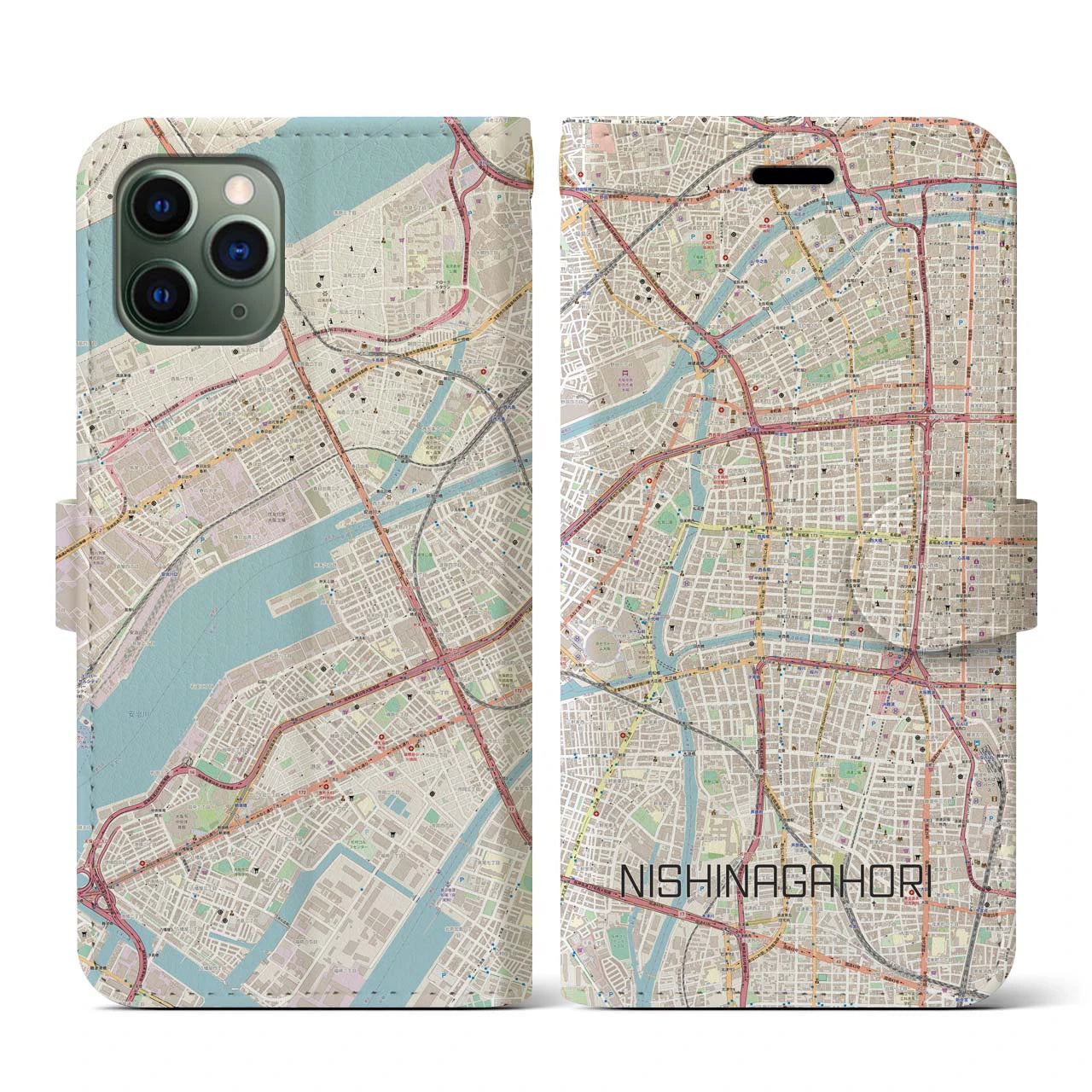 【西長堀(大阪府)】地図柄iPhoneケース(手帳タイプ)ナチュラル・iPhone 11 Pro 用