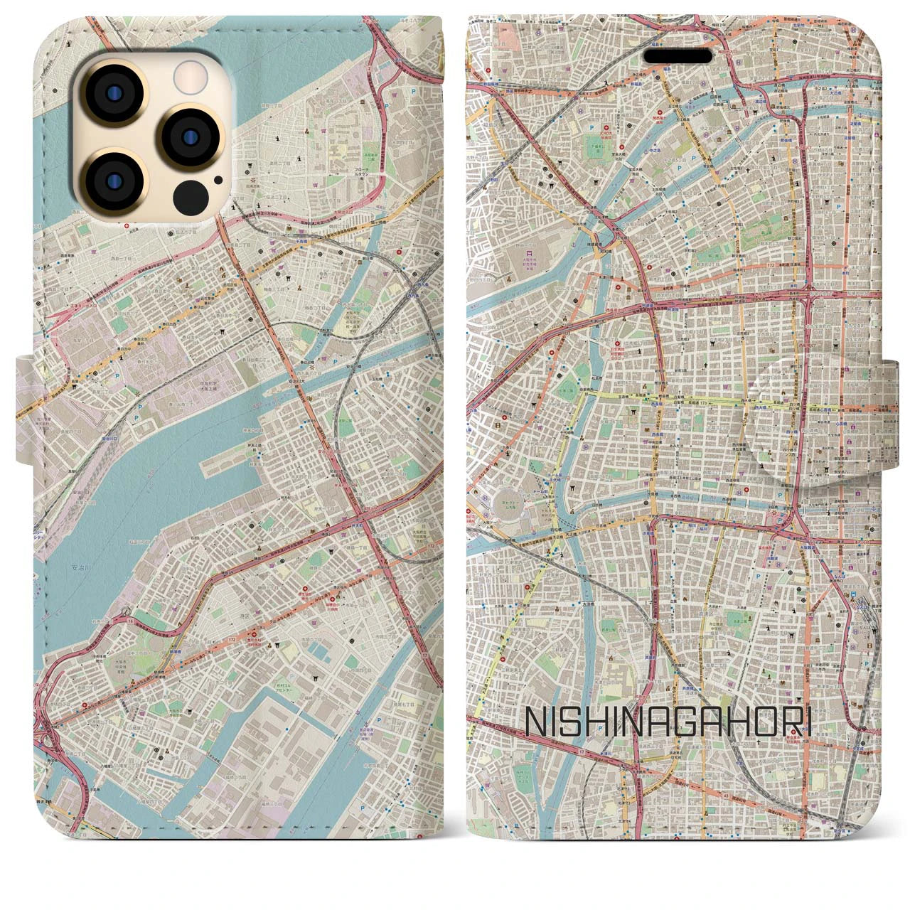 【西長堀(大阪府)】地図柄iPhoneケース(手帳タイプ)ナチュラル・iPhone 12 Pro Max 用