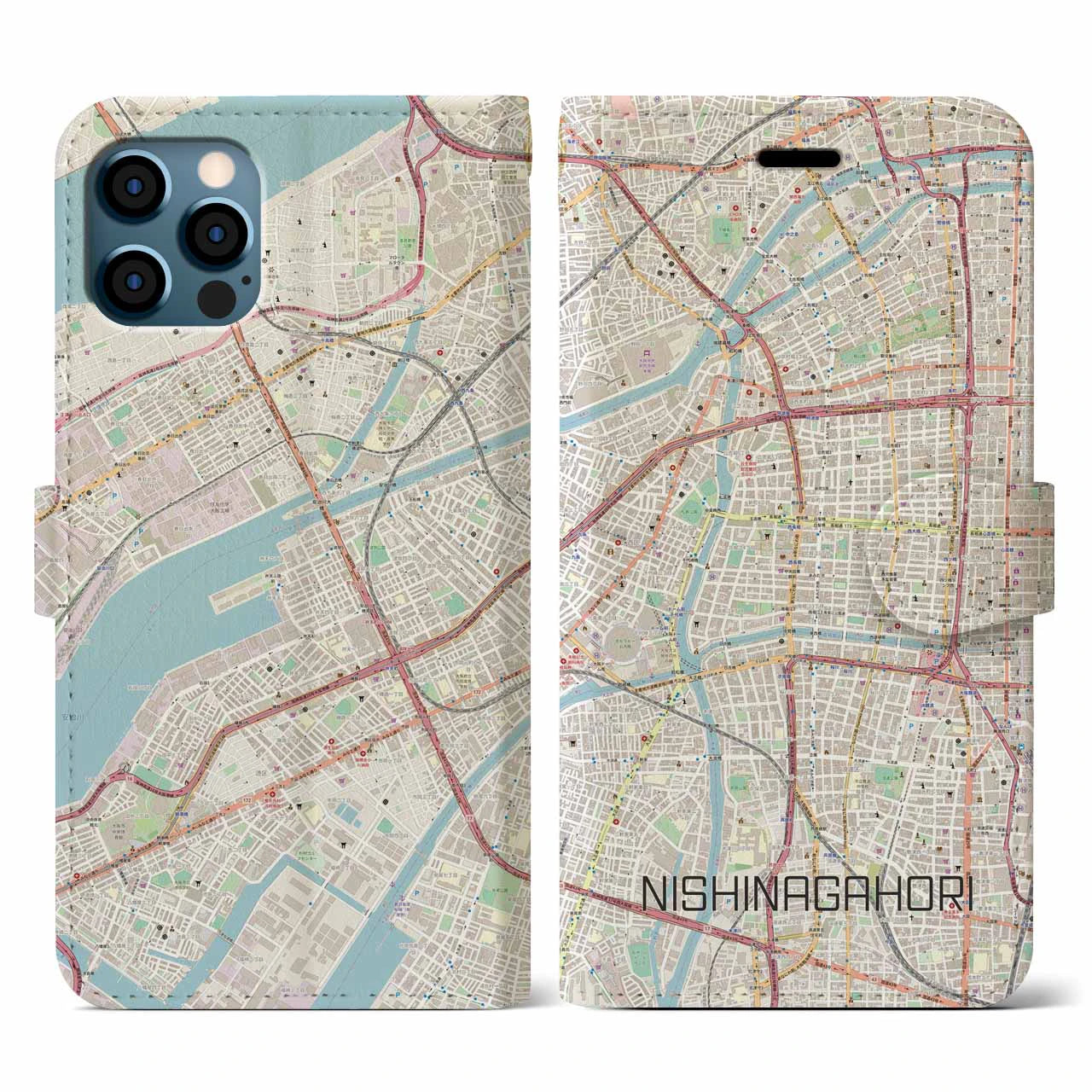 【西長堀(大阪府)】地図柄iPhoneケース(手帳タイプ)ナチュラル・iPhone 12 / 12 Pro 用