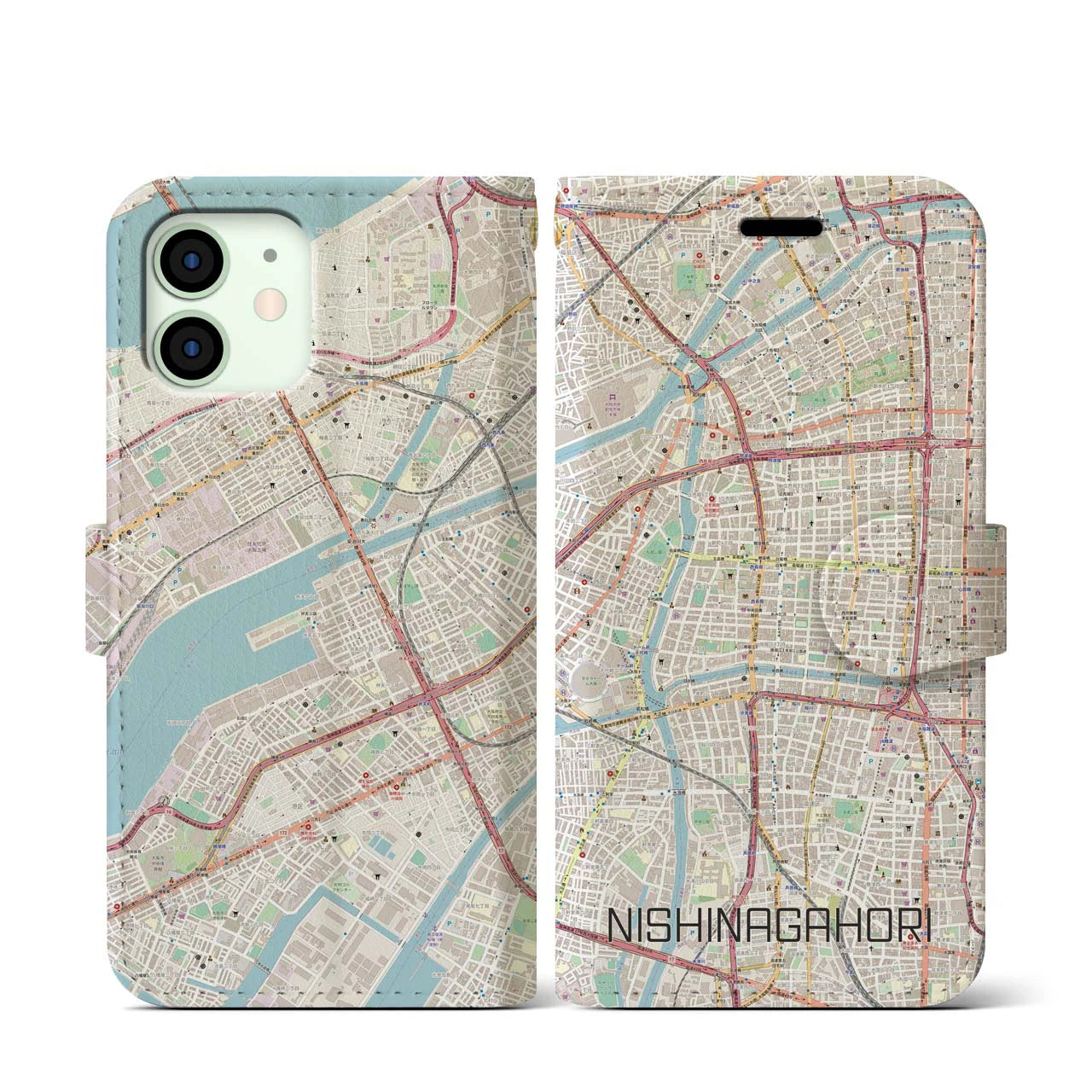 【西長堀(大阪府)】地図柄iPhoneケース(手帳タイプ)ナチュラル・iPhone 12 mini 用