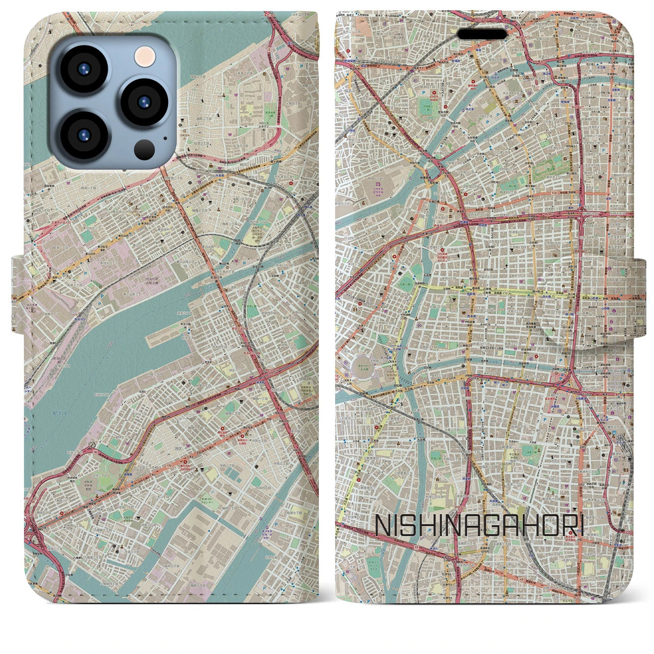 【西長堀(大阪府)】地図柄iPhoneケース(手帳タイプ)ナチュラル・iPhone 13 Pro Max 用