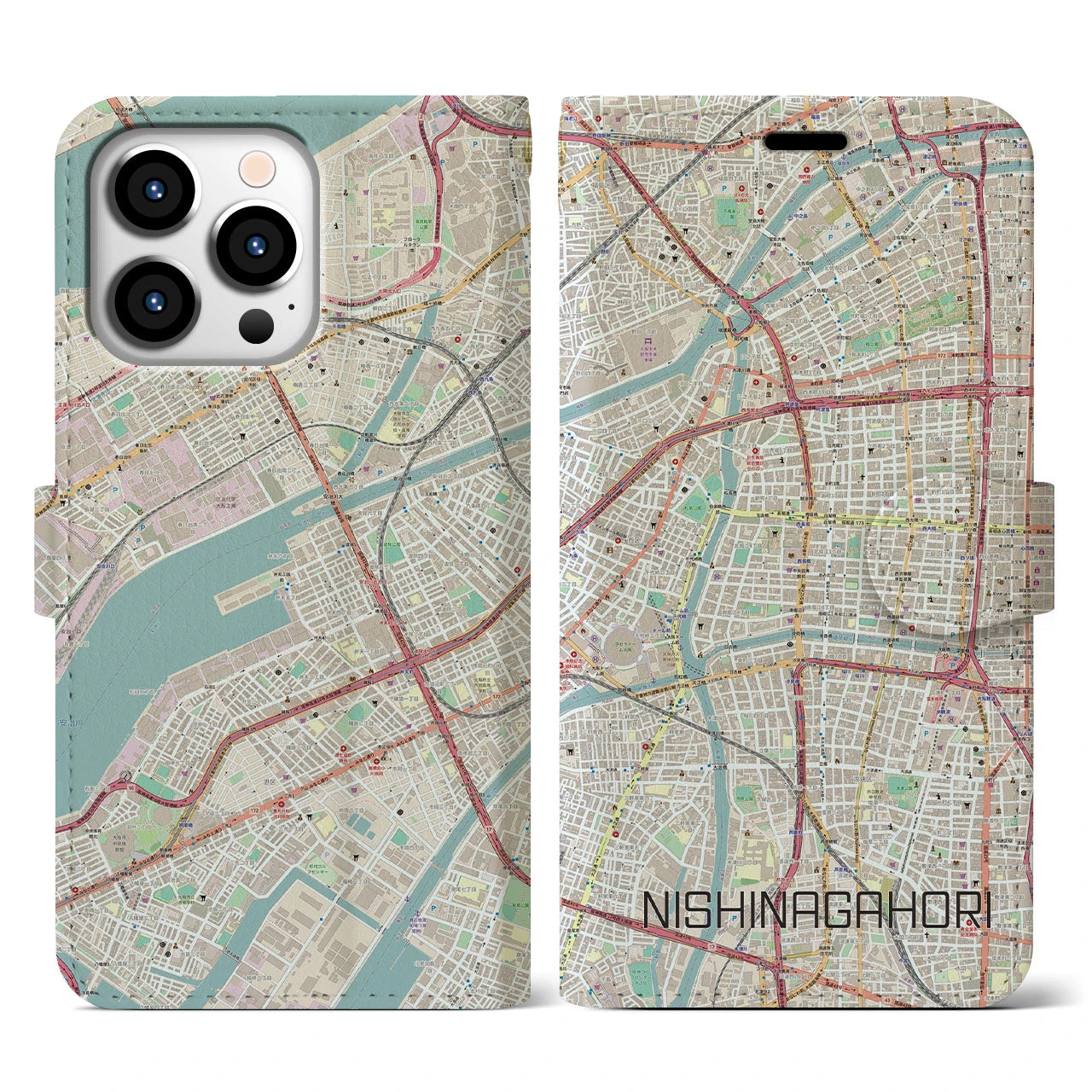 【西長堀(大阪府)】地図柄iPhoneケース(手帳タイプ)ナチュラル・iPhone 13 Pro 用