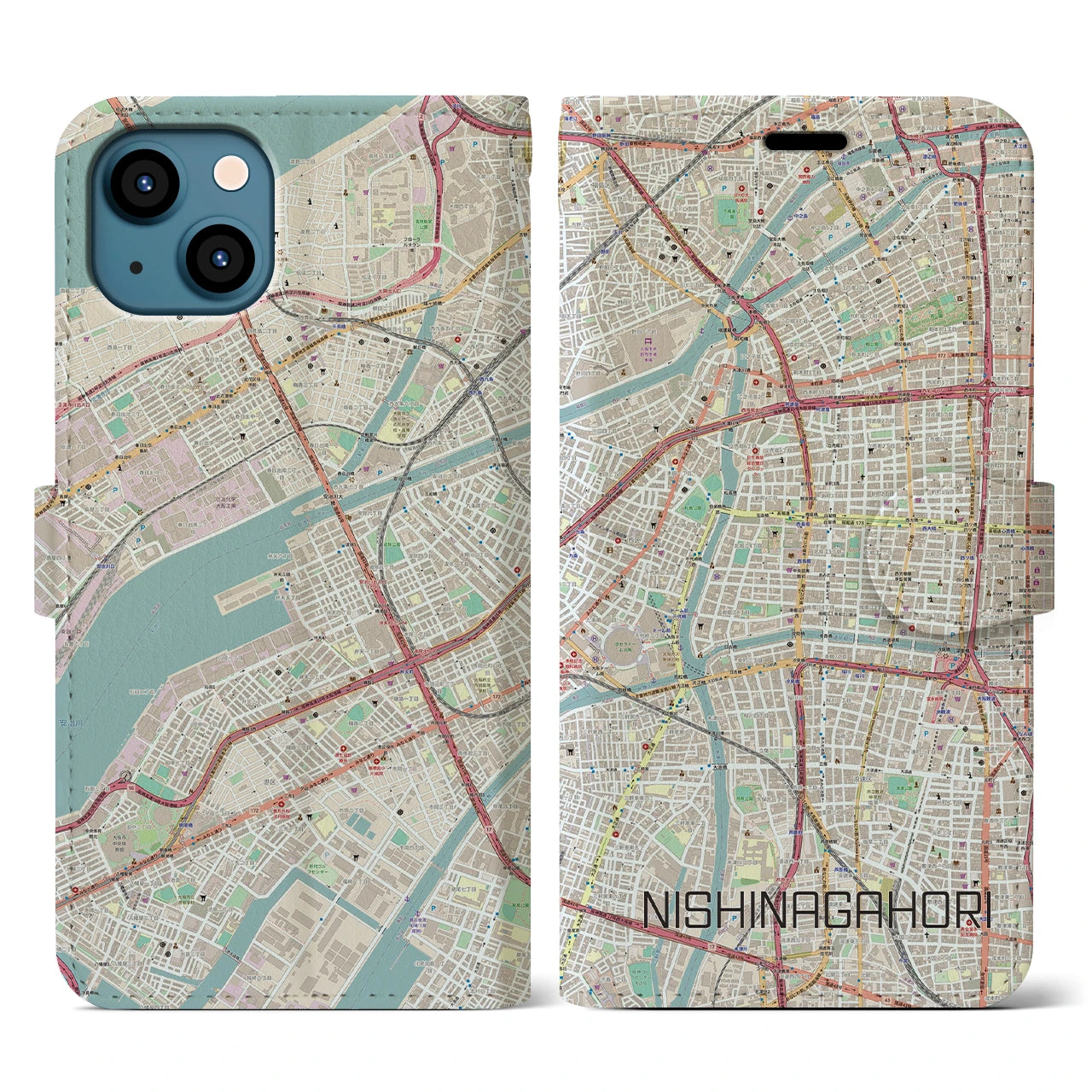 【西長堀(大阪府)】地図柄iPhoneケース(手帳タイプ)ナチュラル・iPhone 13 用