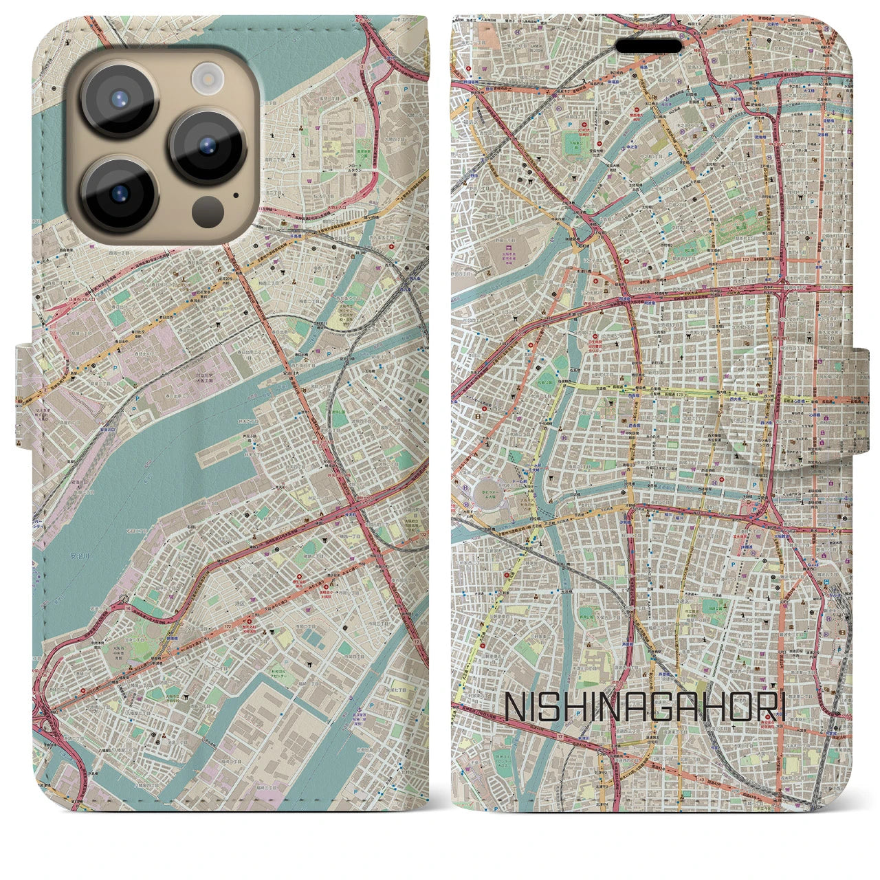 【西長堀(大阪府)】地図柄iPhoneケース(手帳タイプ)ナチュラル・iPhone 14 Pro Max 用