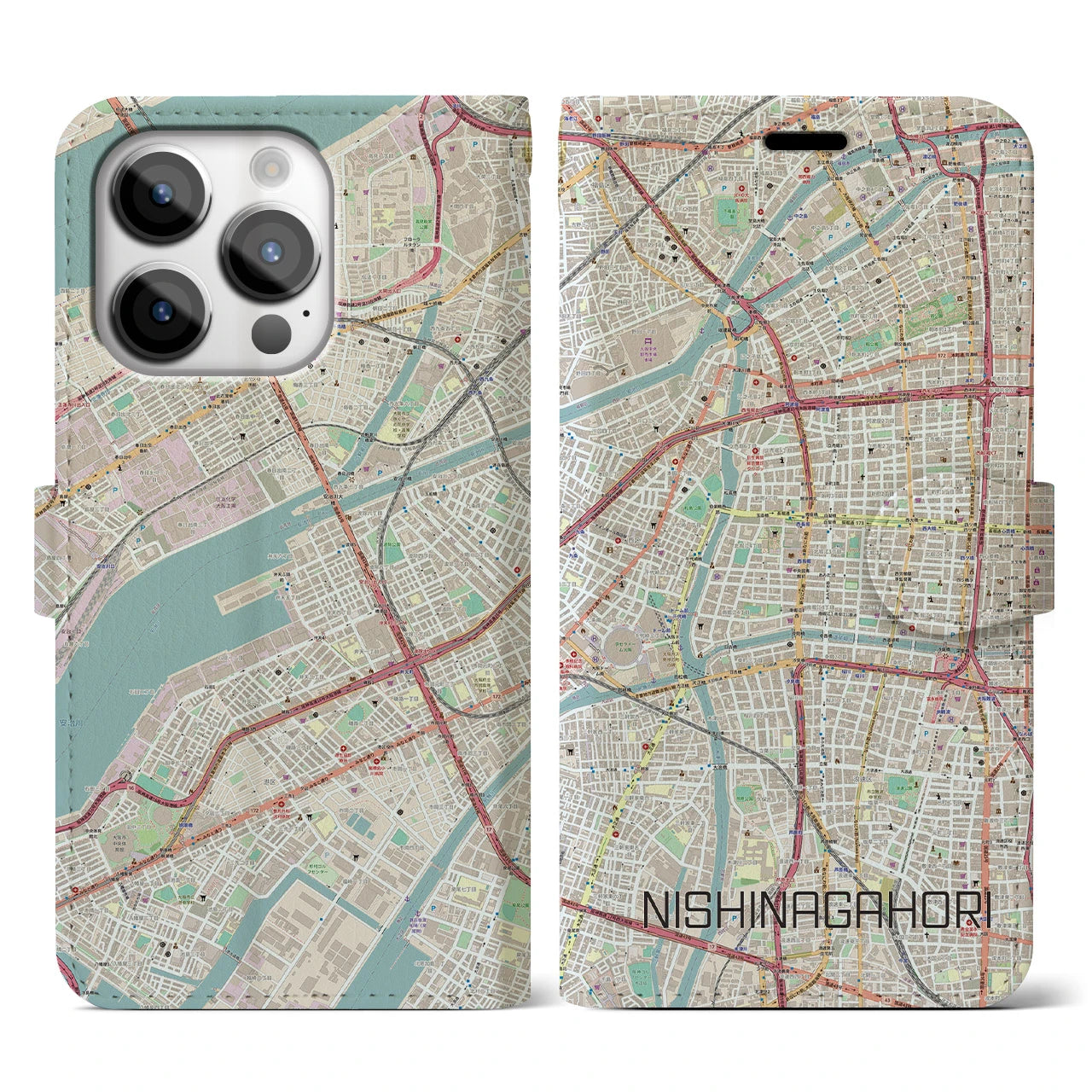 【西長堀(大阪府)】地図柄iPhoneケース(手帳タイプ)ナチュラル・iPhone 14 Pro 用