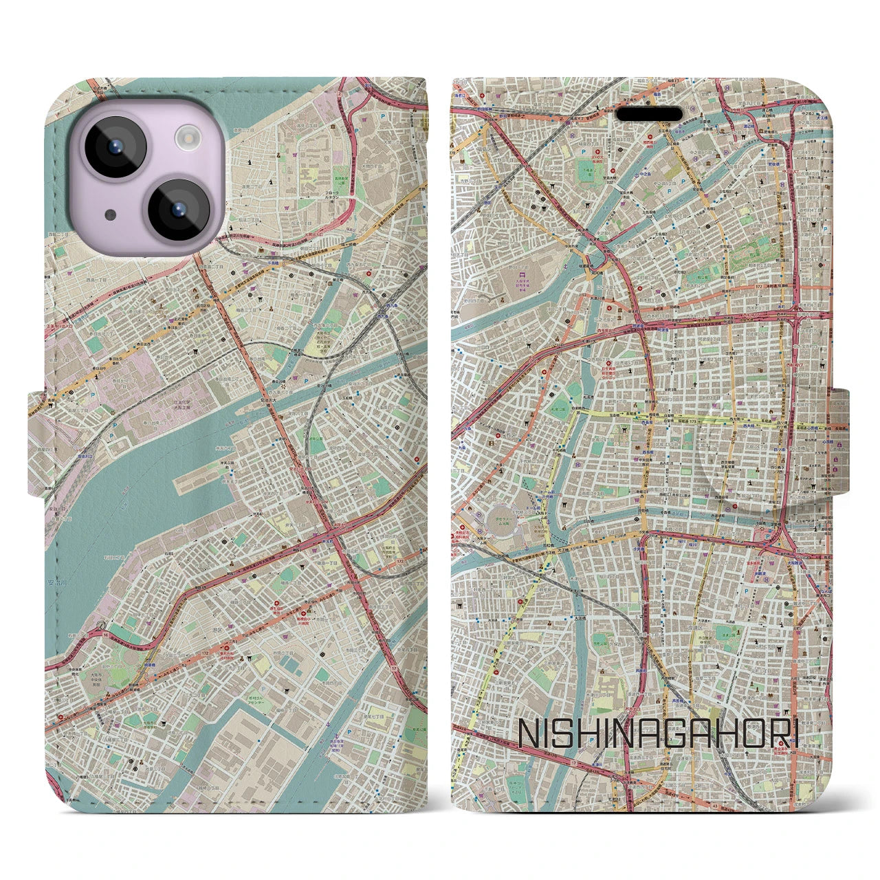 【西長堀(大阪府)】地図柄iPhoneケース(手帳タイプ)ナチュラル・iPhone 14 用