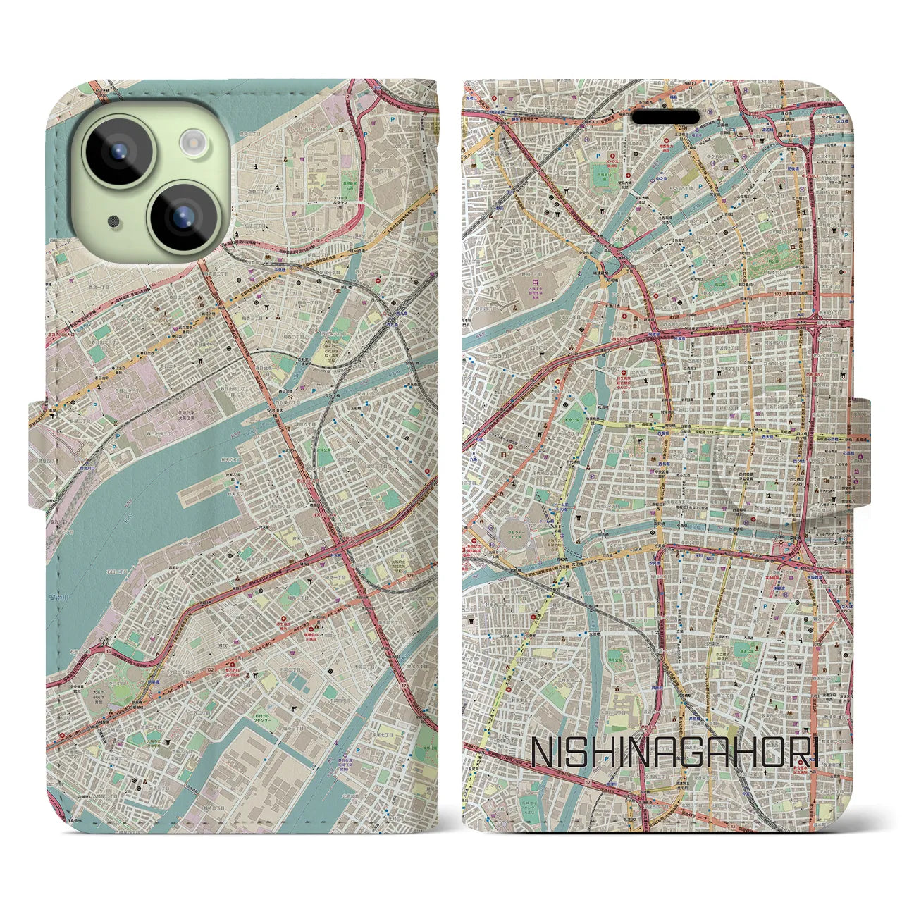 【西長堀(大阪府)】地図柄iPhoneケース(手帳タイプ)ナチュラル・iPhone 15 用