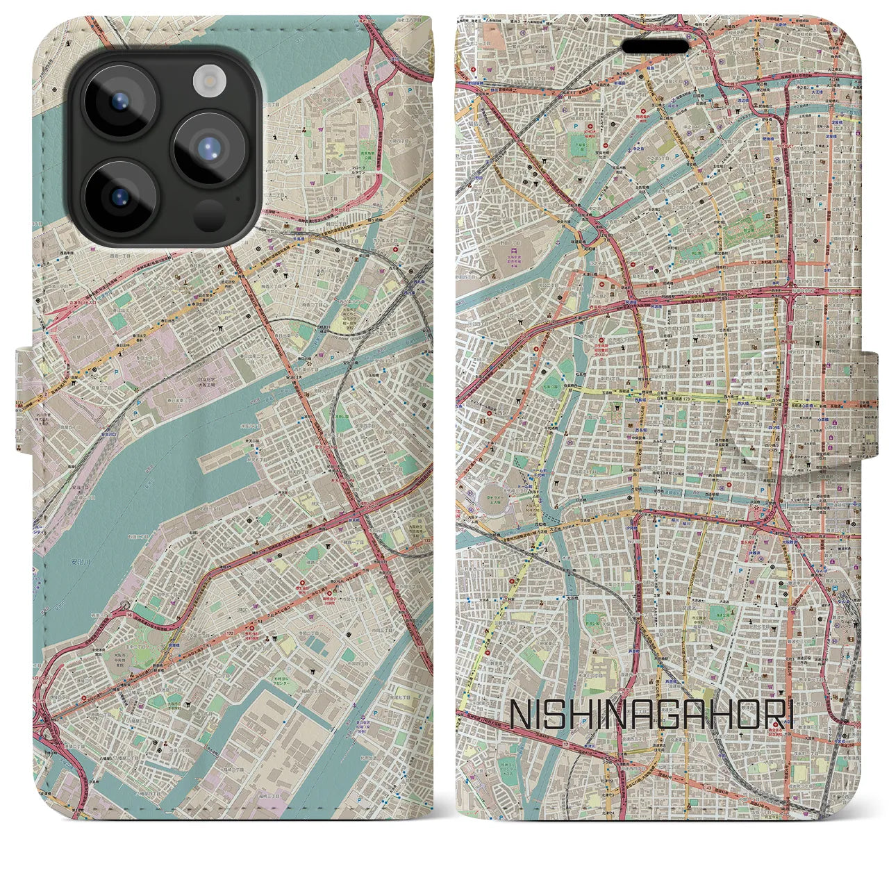 【西長堀(大阪府)】地図柄iPhoneケース(手帳タイプ)ナチュラル・iPhone 15 Pro Max 用