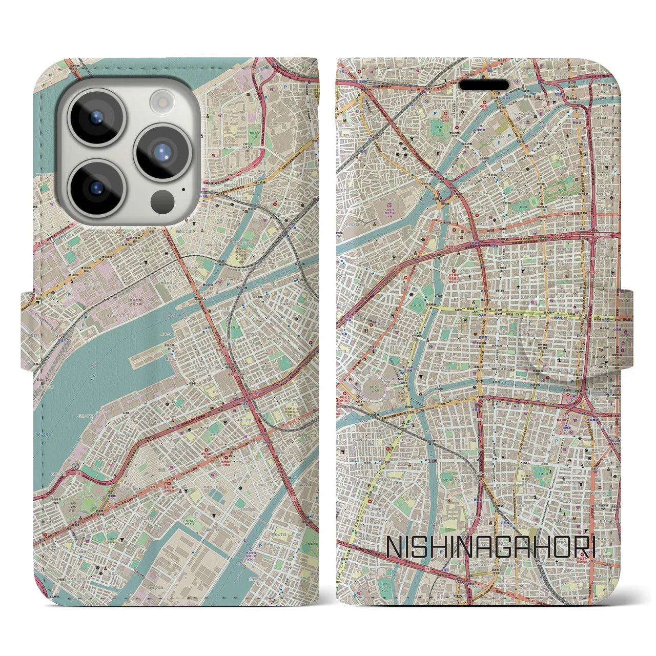 【西長堀(大阪府)】地図柄iPhoneケース(手帳タイプ)ナチュラル・iPhone 15 Pro 用