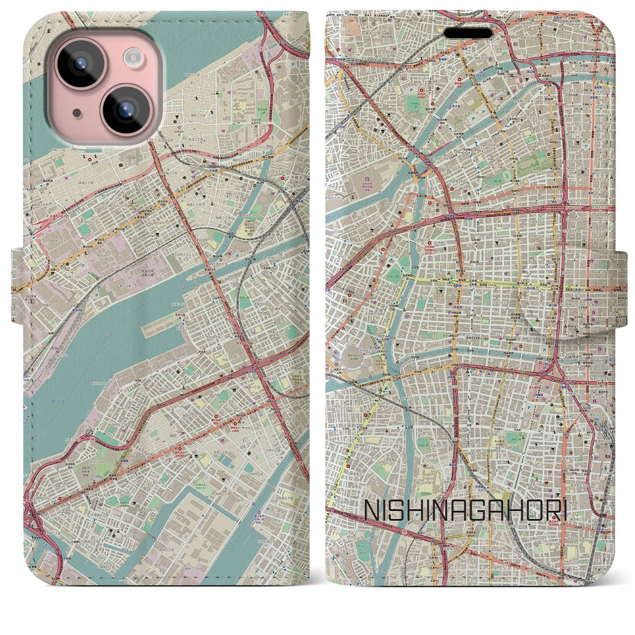 【西長堀(大阪府)】地図柄iPhoneケース(手帳タイプ)ナチュラル・iPhone 15 Plus 用
