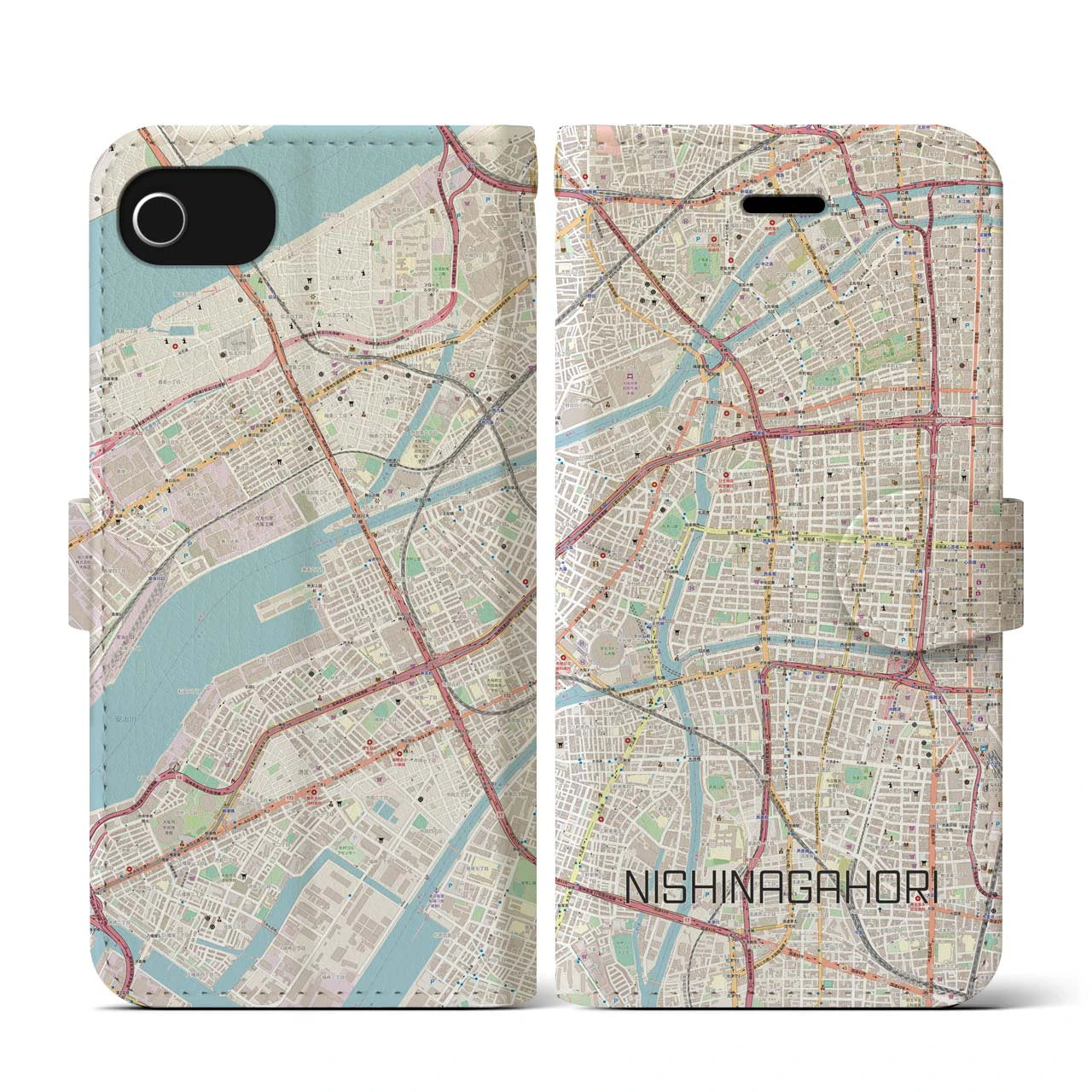 【西長堀(大阪府)】地図柄iPhoneケース(手帳タイプ)ナチュラル・iPhone SE(第3 / 第2世代) / 8 / 7 / 6s / 6 用