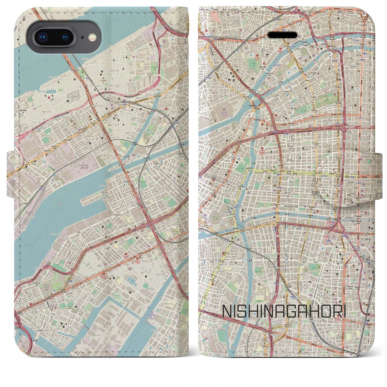 【西長堀(大阪府)】地図柄iPhoneケース(手帳タイプ)ナチュラル・iPhone 8Plus /7Plus / 6sPlus / 6Plus 用