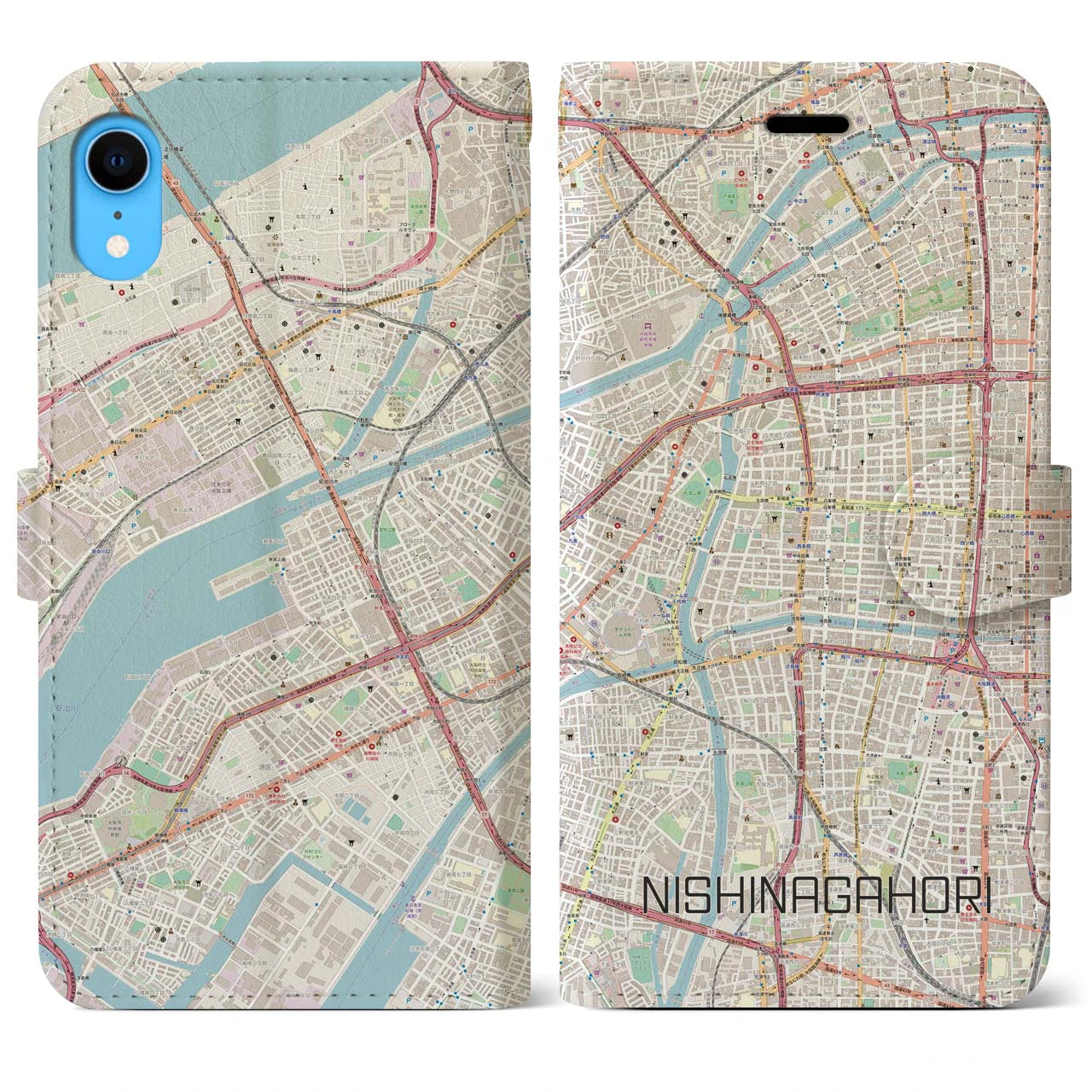 【西長堀(大阪府)】地図柄iPhoneケース(手帳タイプ)ナチュラル・iPhone XR 用