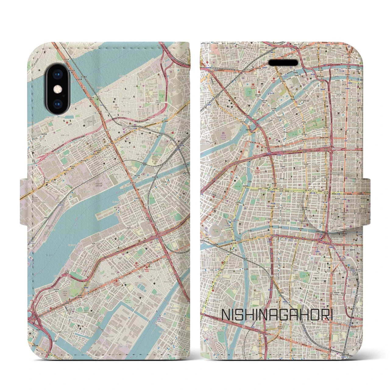 【西長堀(大阪府)】地図柄iPhoneケース(手帳タイプ)ナチュラル・iPhone XS / X 用