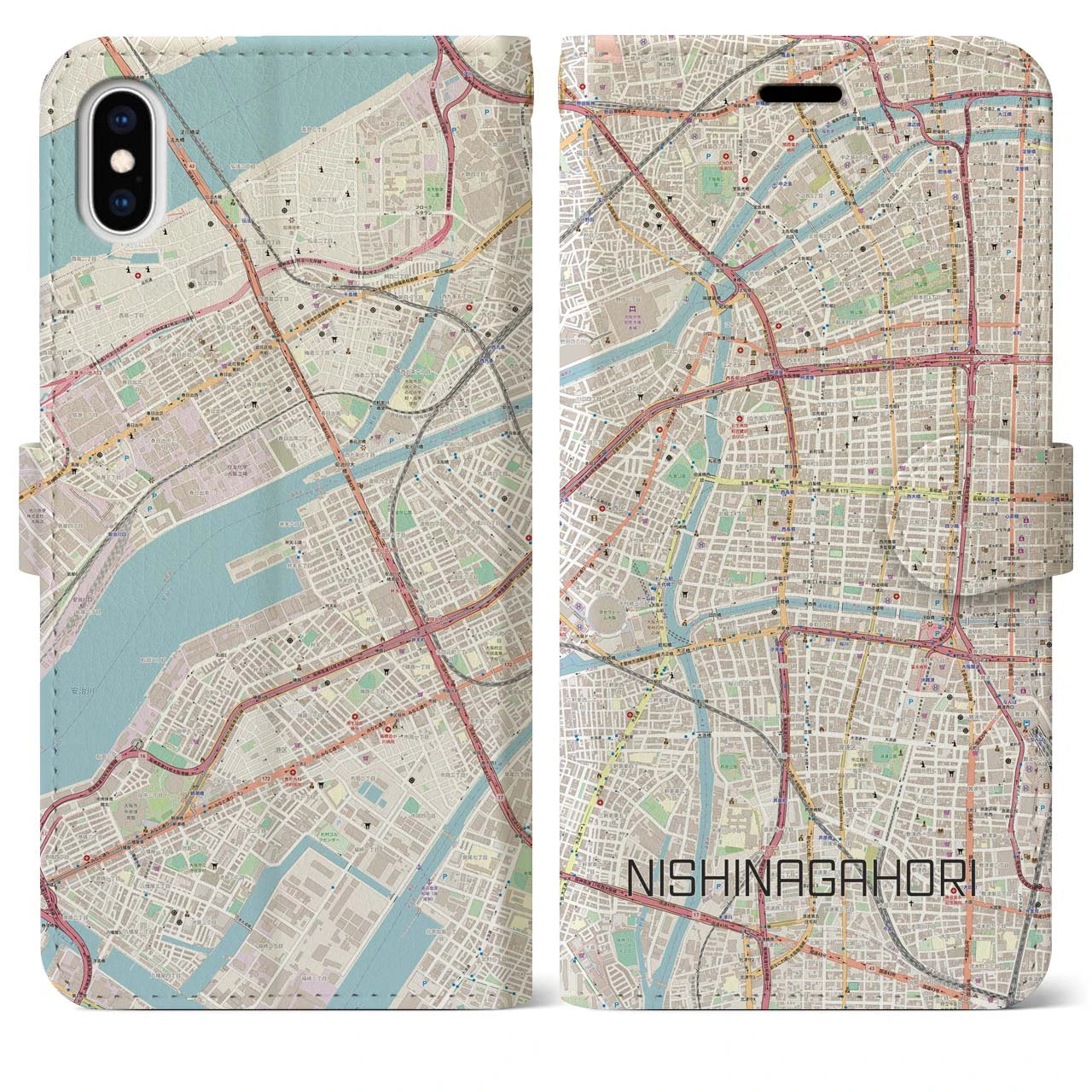 【西長堀(大阪府)】地図柄iPhoneケース(手帳タイプ)ナチュラル・iPhone XS Max 用