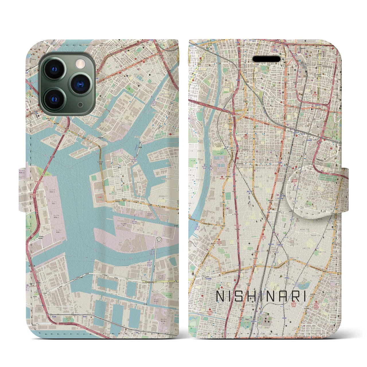 【西成(大阪府)】地図柄iPhoneケース(手帳タイプ)ナチュラル・iPhone 11 Pro 用